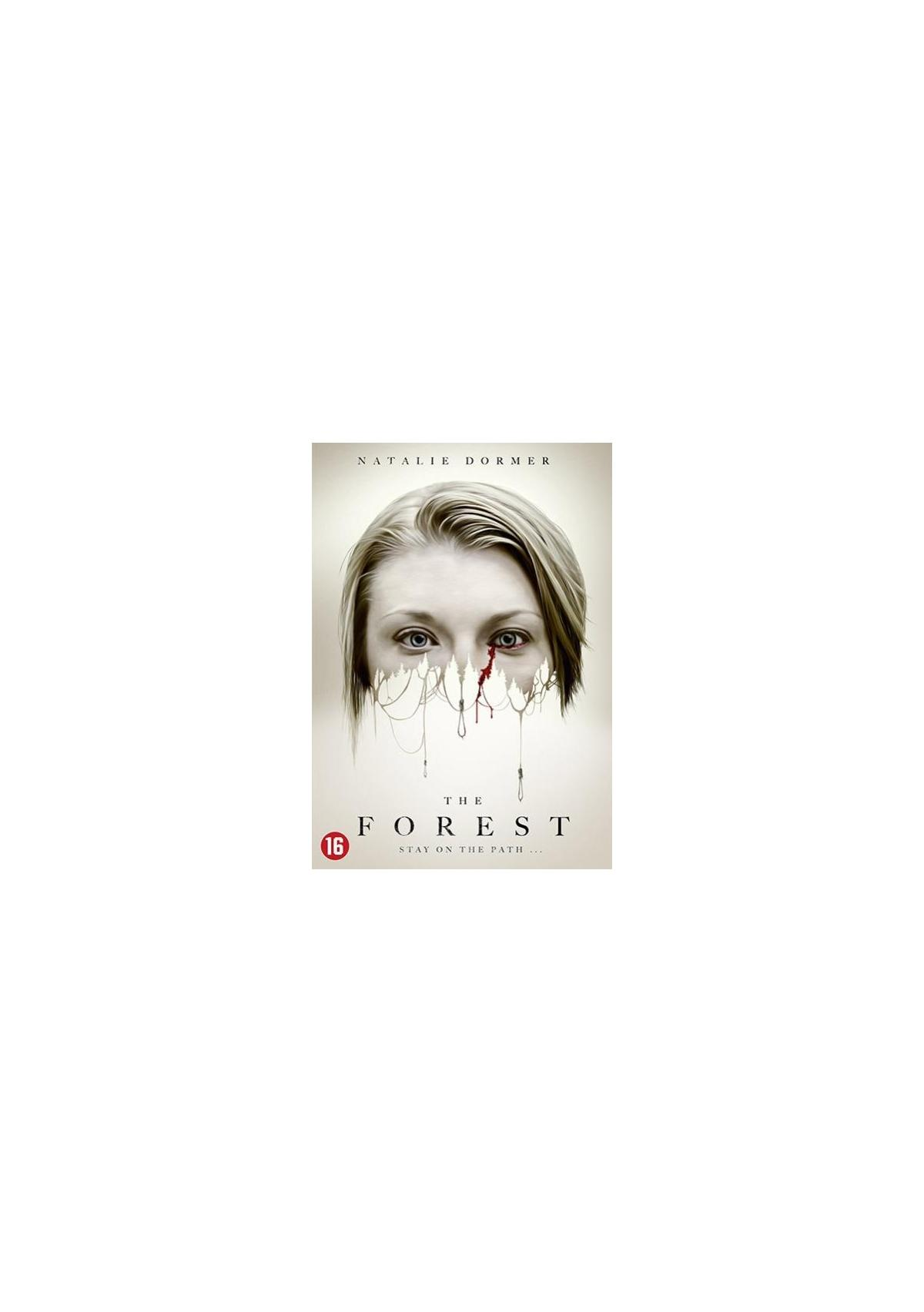 Affiche du film : The Forest. Le visage d'une femme avec du sang et un fond de forêt.