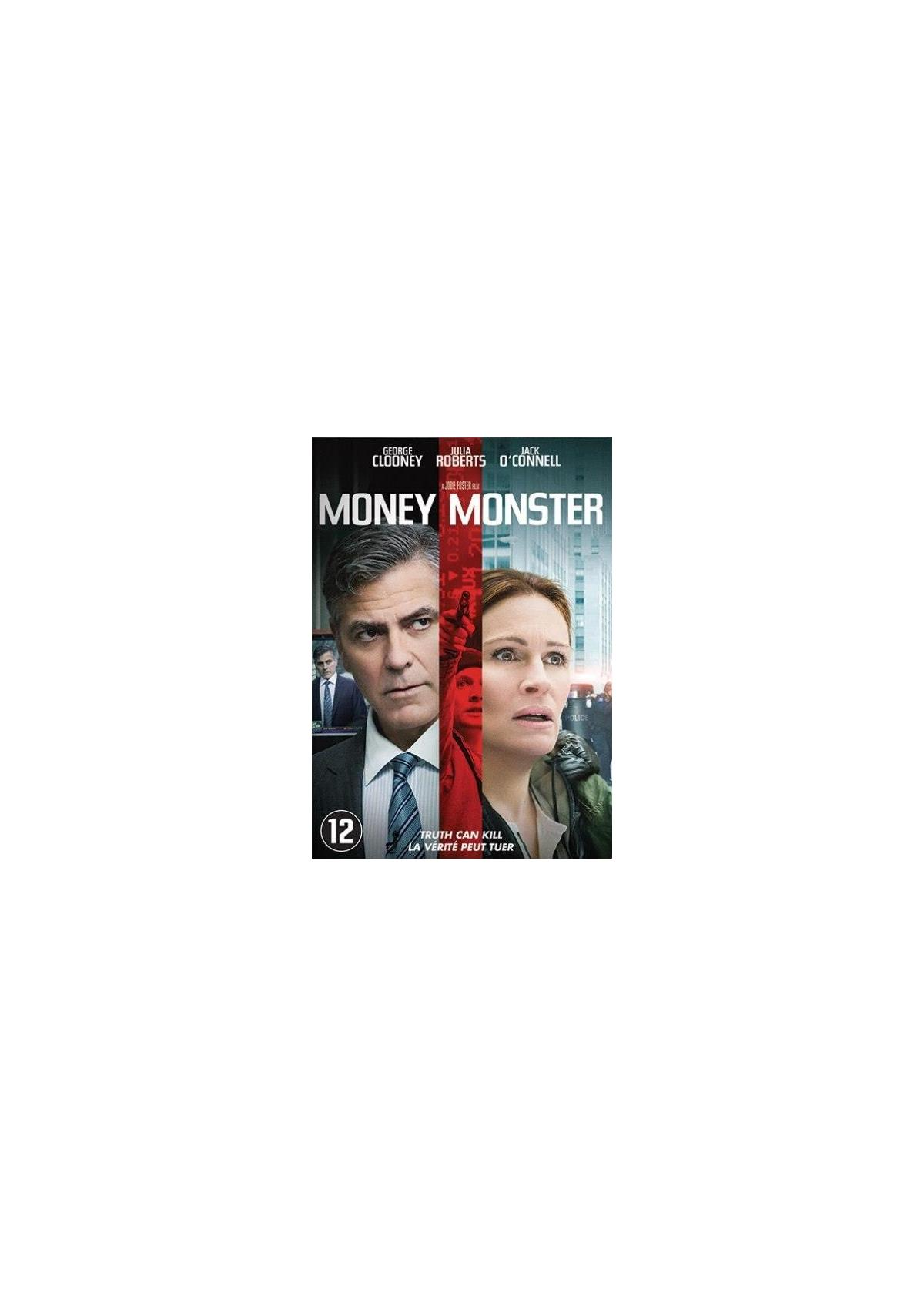 Filmposter van George Clooney en Julia Roberts. Titel: Money Monster. Ze staan in een gesplitst beeld.