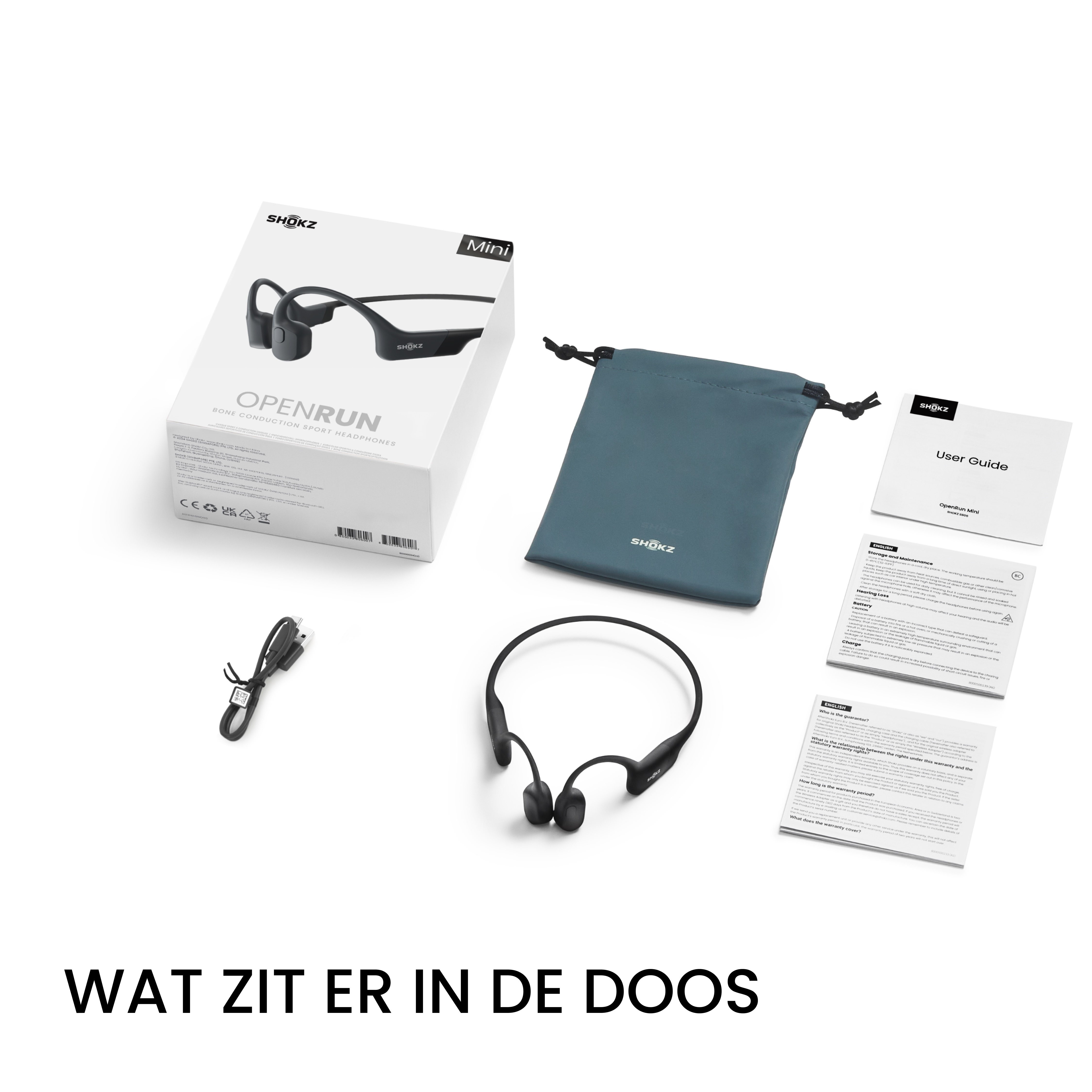 Pudełko ze słuchawkami Shokz OpenRun Mini i akcesoriami. Białe tło.