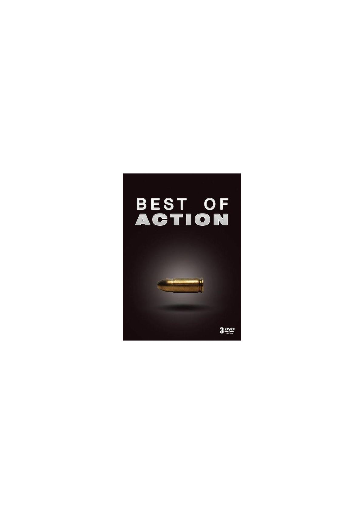 DVD-hoes: 'Best of Action' titel, gouden kogel, donkere achtergrond, eenvoudig ontwerp.