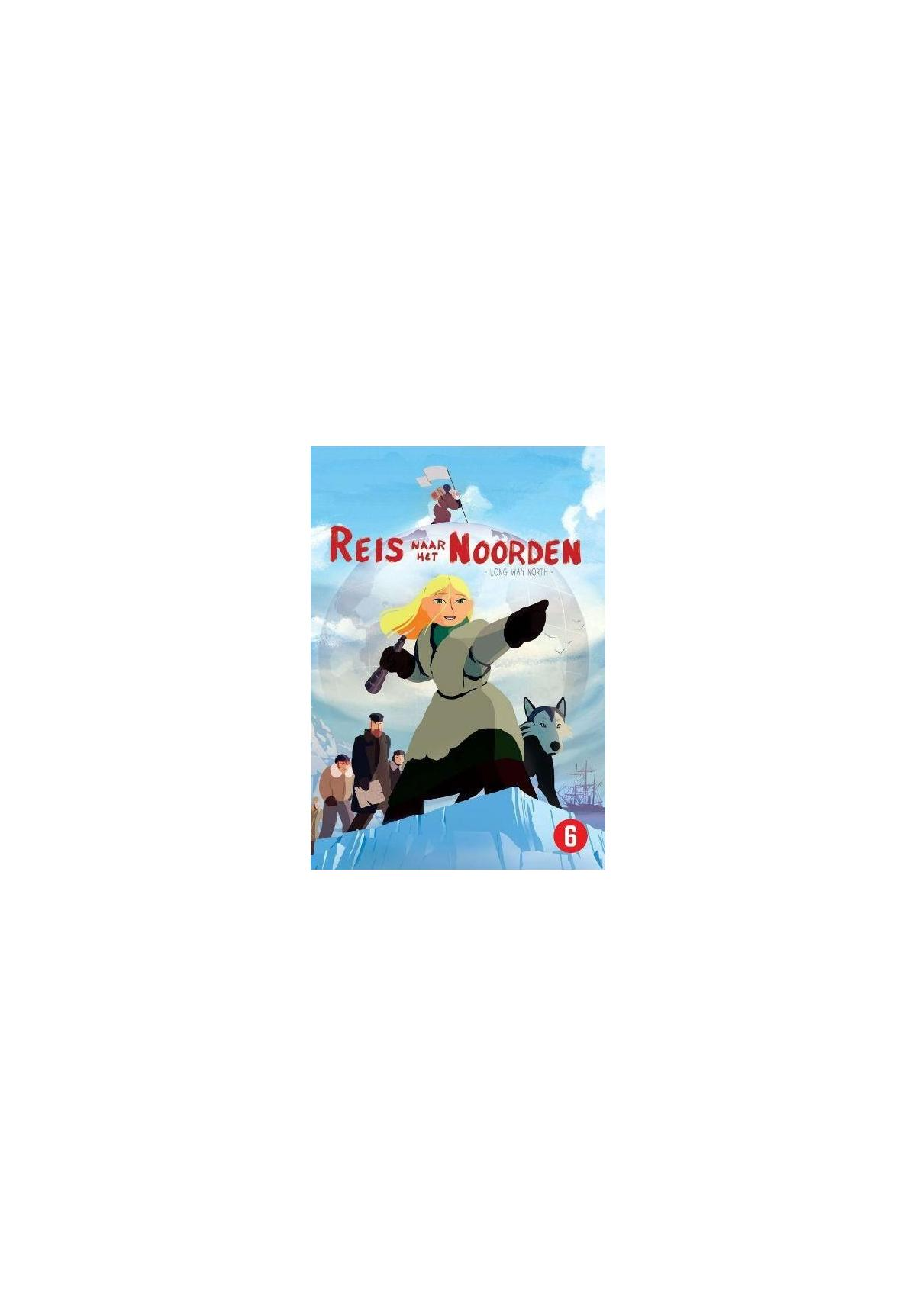 Filmposter voor Reis naar Noorden. Een meisje wijst vooruit. Sneeuw en een wolf.
