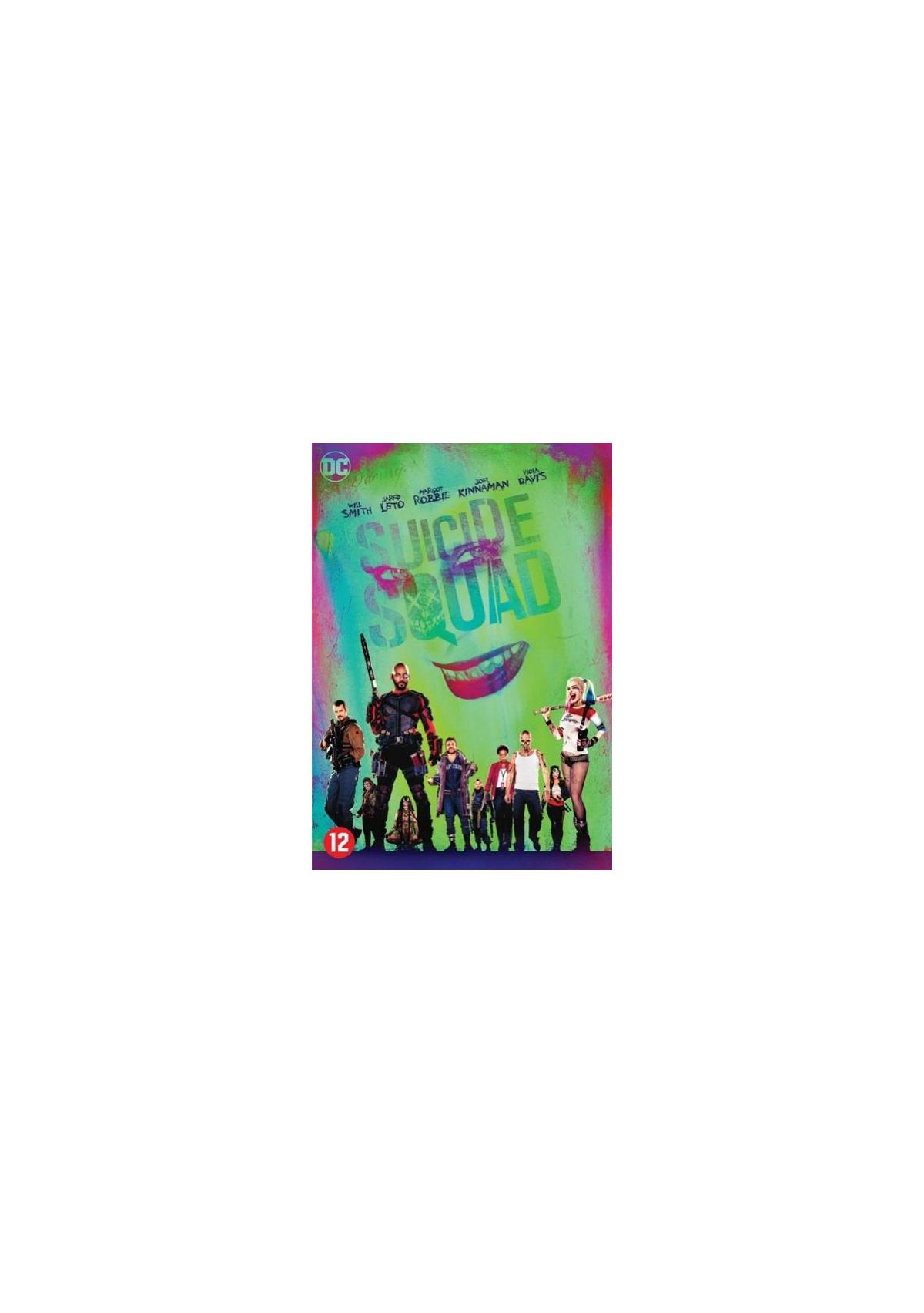 Couverture du DVD Suicide Squad. Groupe de personnages sur fond de graffiti coloré.
