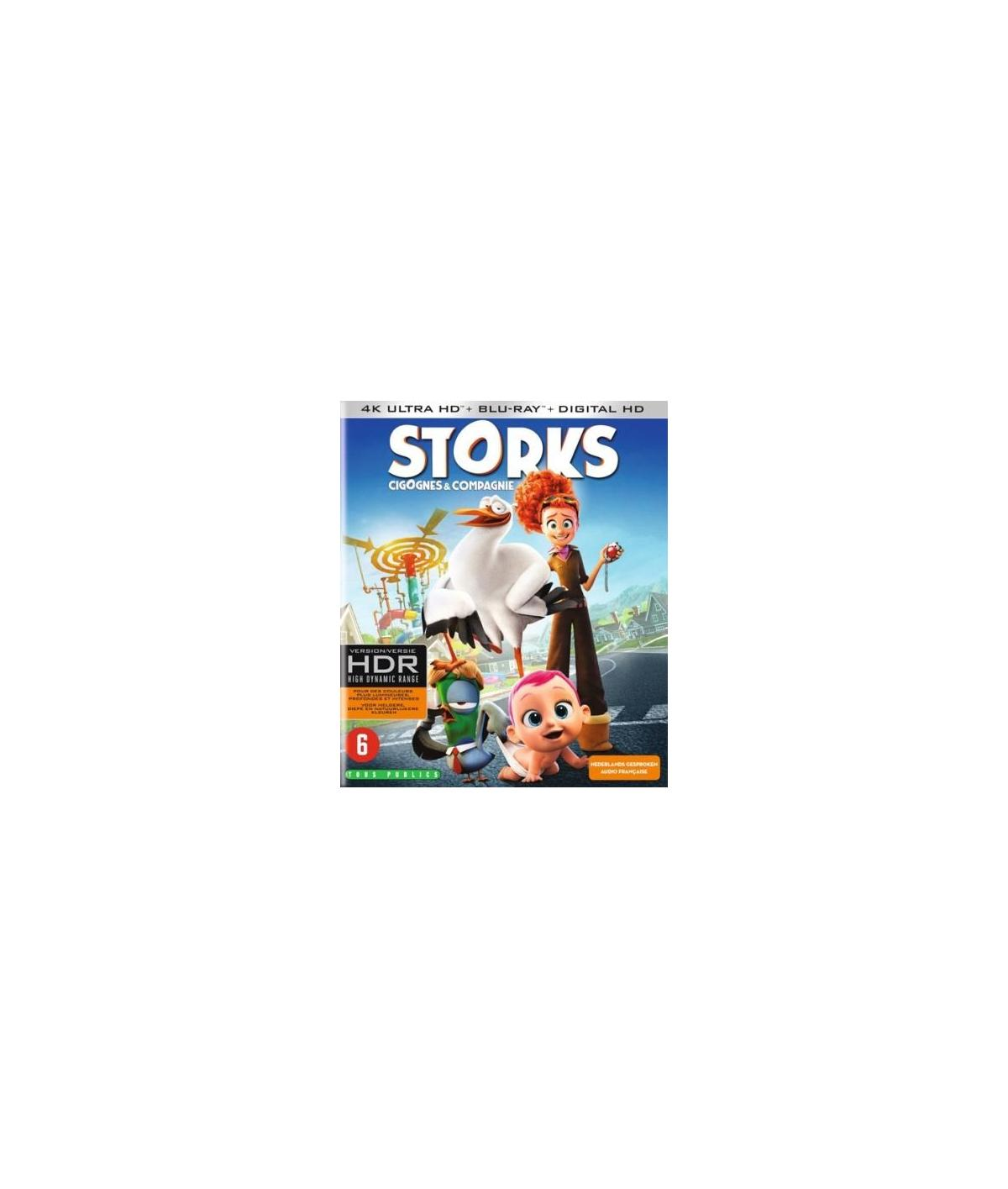 Affiche de film : Une cigogne et une femme avec un bébé. Texte : 'Storks'. Arrière-plan : une ville.