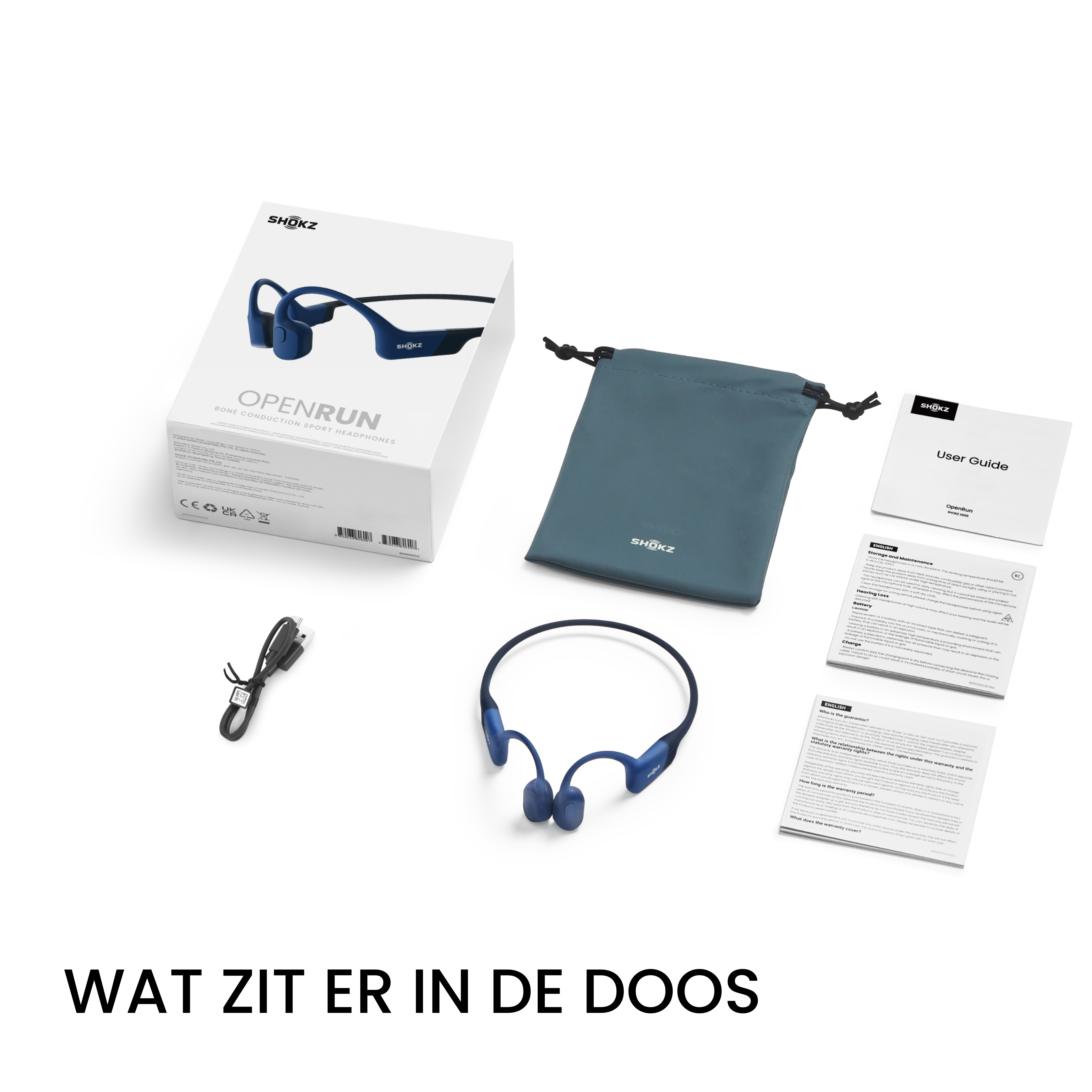 Słuchawki kostne OpenRun i akcesoria. Obecne są pudełko, torba i instrukcje obsługi.
