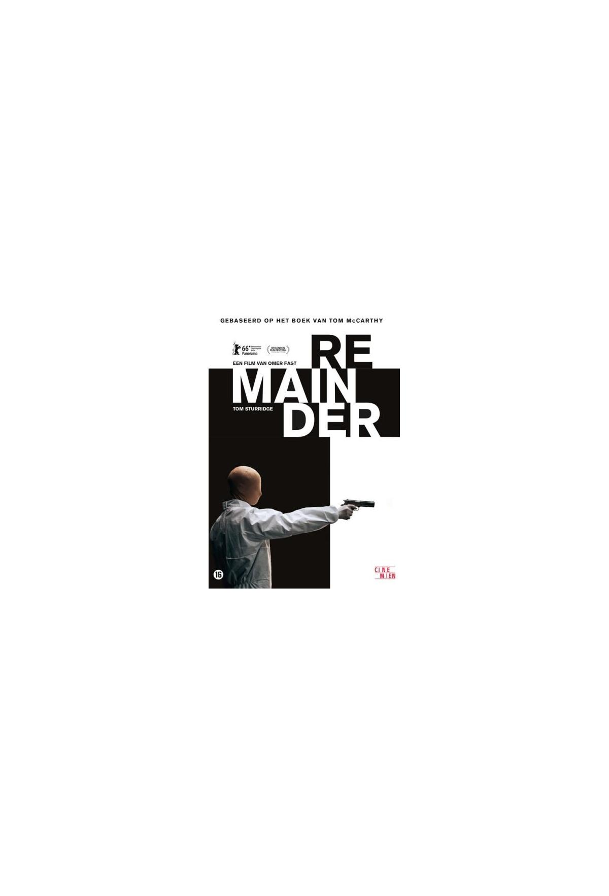Couverture du film : Un homme pointe un pistolet. Titre "Remainder".