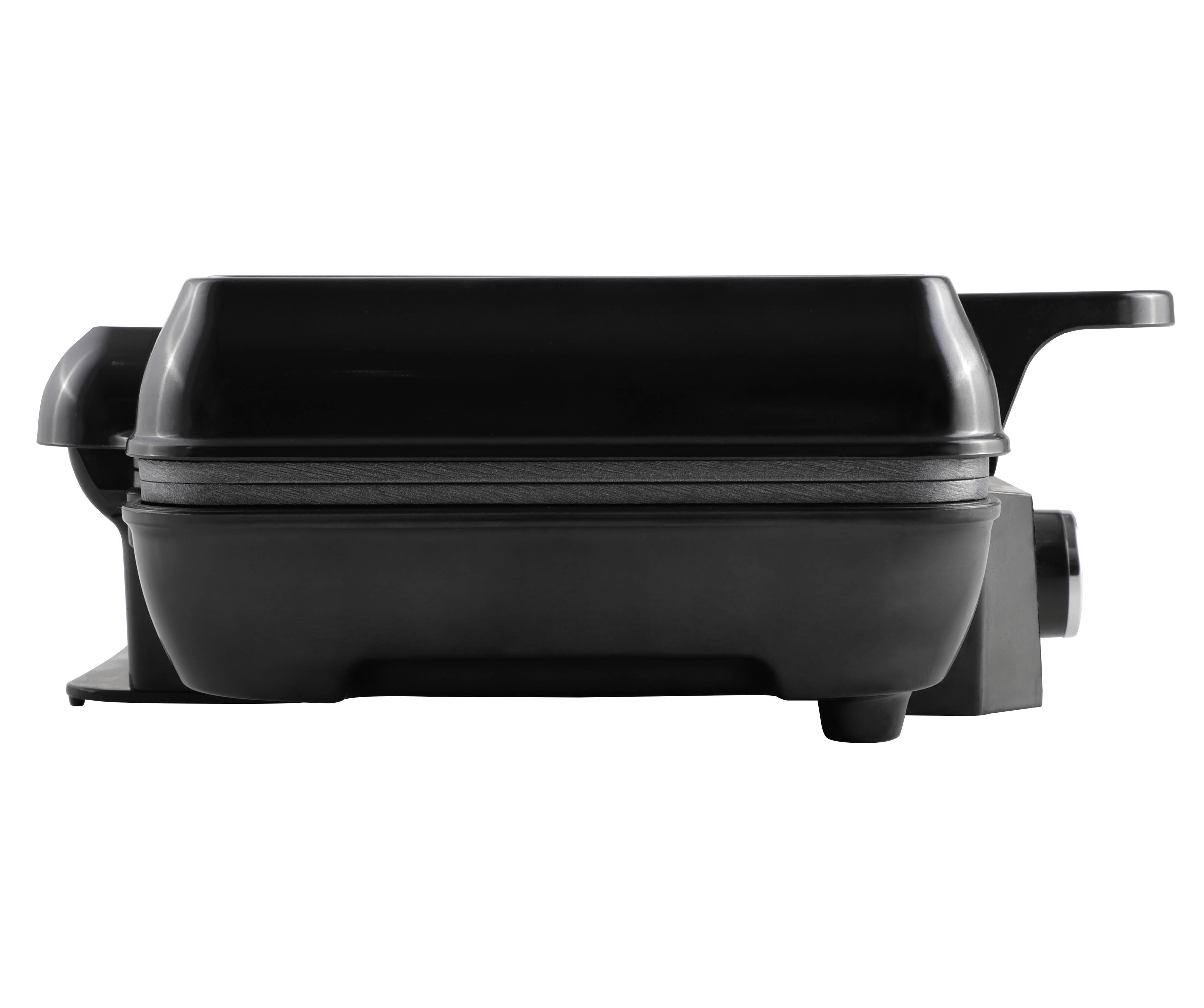 Close-up shot of a black sandwich maker with a power cord.
