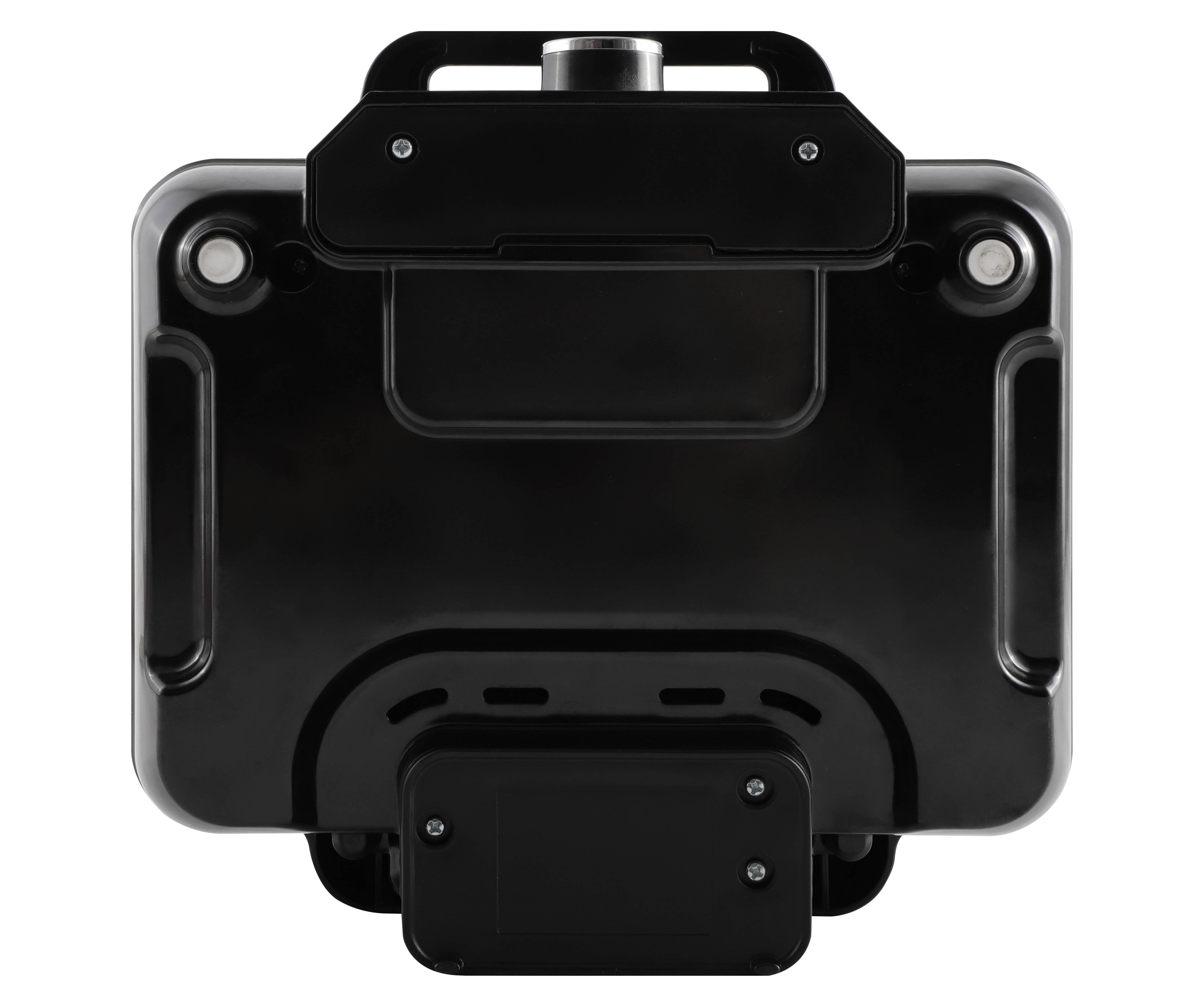Top view of a black electric griddle with a small black handle and a small black control panel.