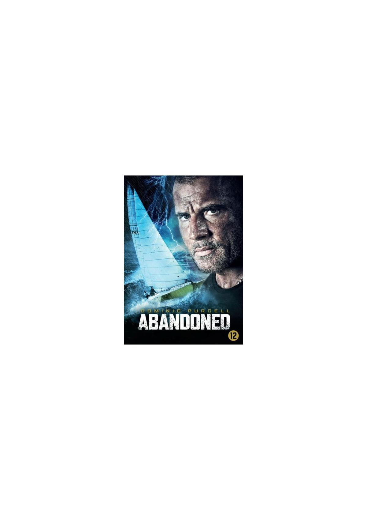DVD-hoes: Een man kijkt intens op het water en promoot 'Abandoned' met een boot en bliksem.