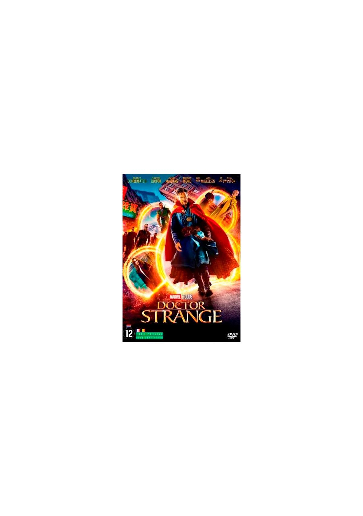 DVD-hoes: Doctor Strange in actie, die de film promoot met verschillende figuren om hem heen.