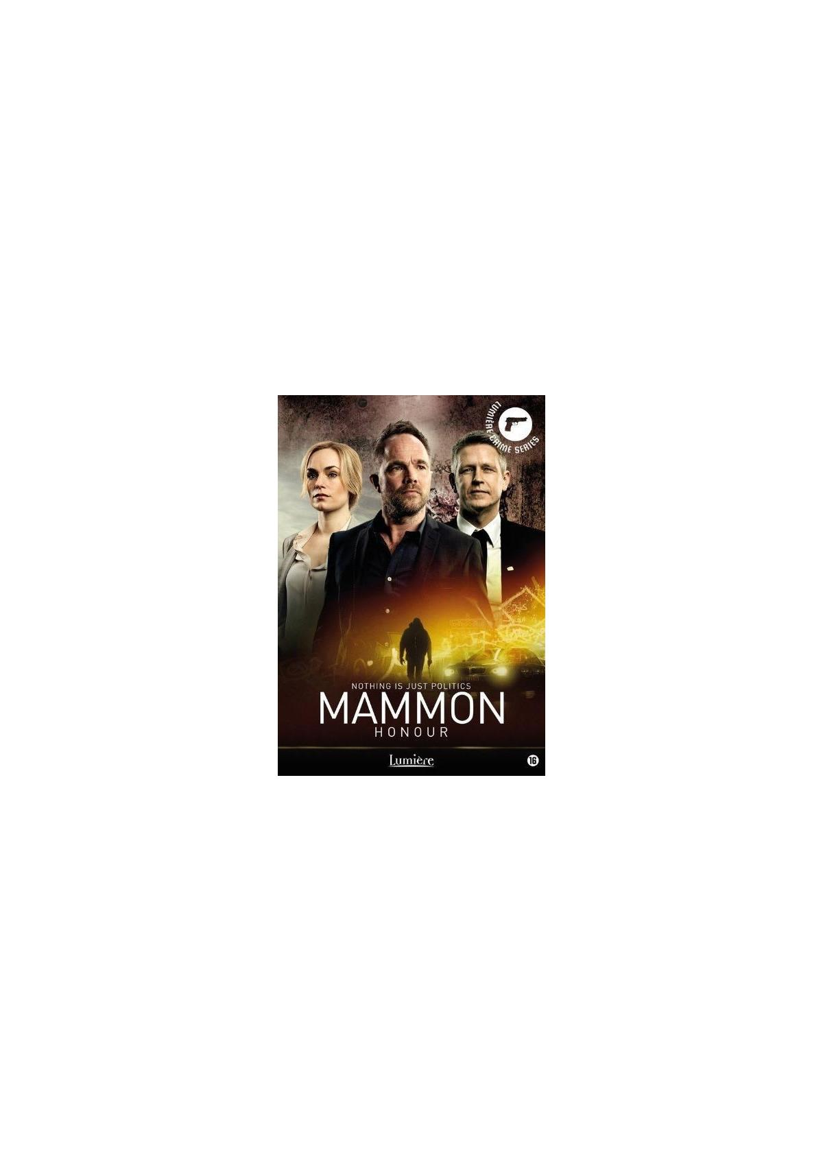 Mammon filmposter. Drie mensen met een man in het midden, een schimmige figuur op de achtergrond.