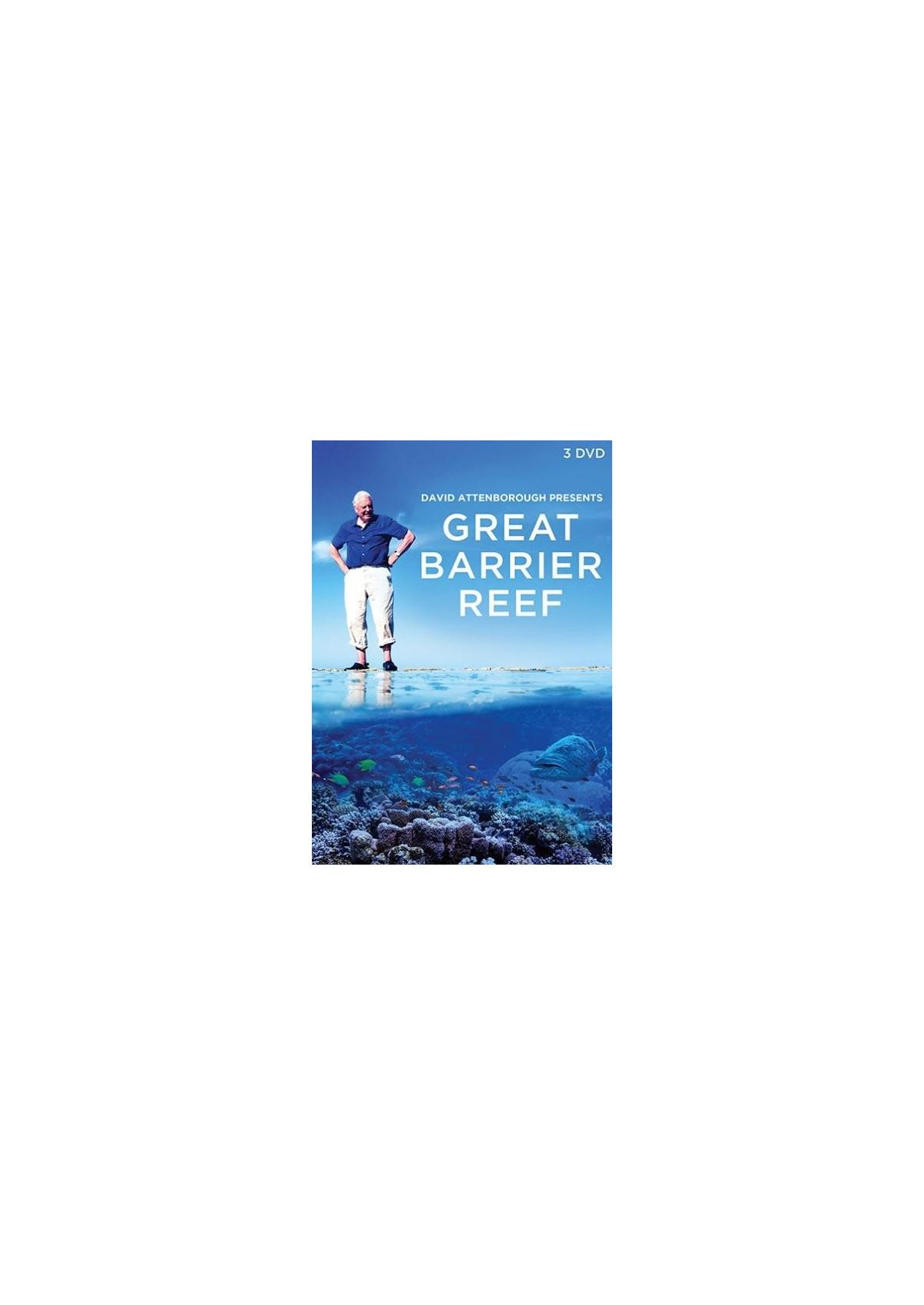 DVD-hoes van Great Barrier Reef. Sir David Attenborough staat op het water met een rifafbeelding.