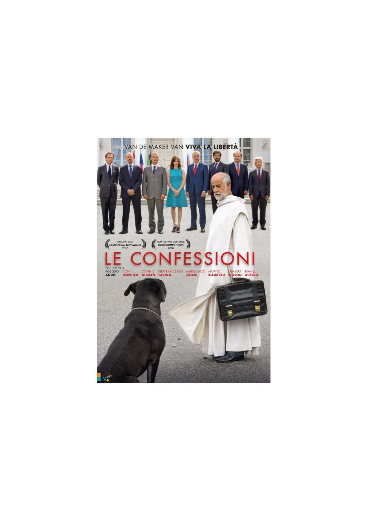 Filmposter met mannen in pakken, een vrouw en een priester. Een zwarte hond staat op de voorgrond. Titel is 'LE CONFESSIONI'.
