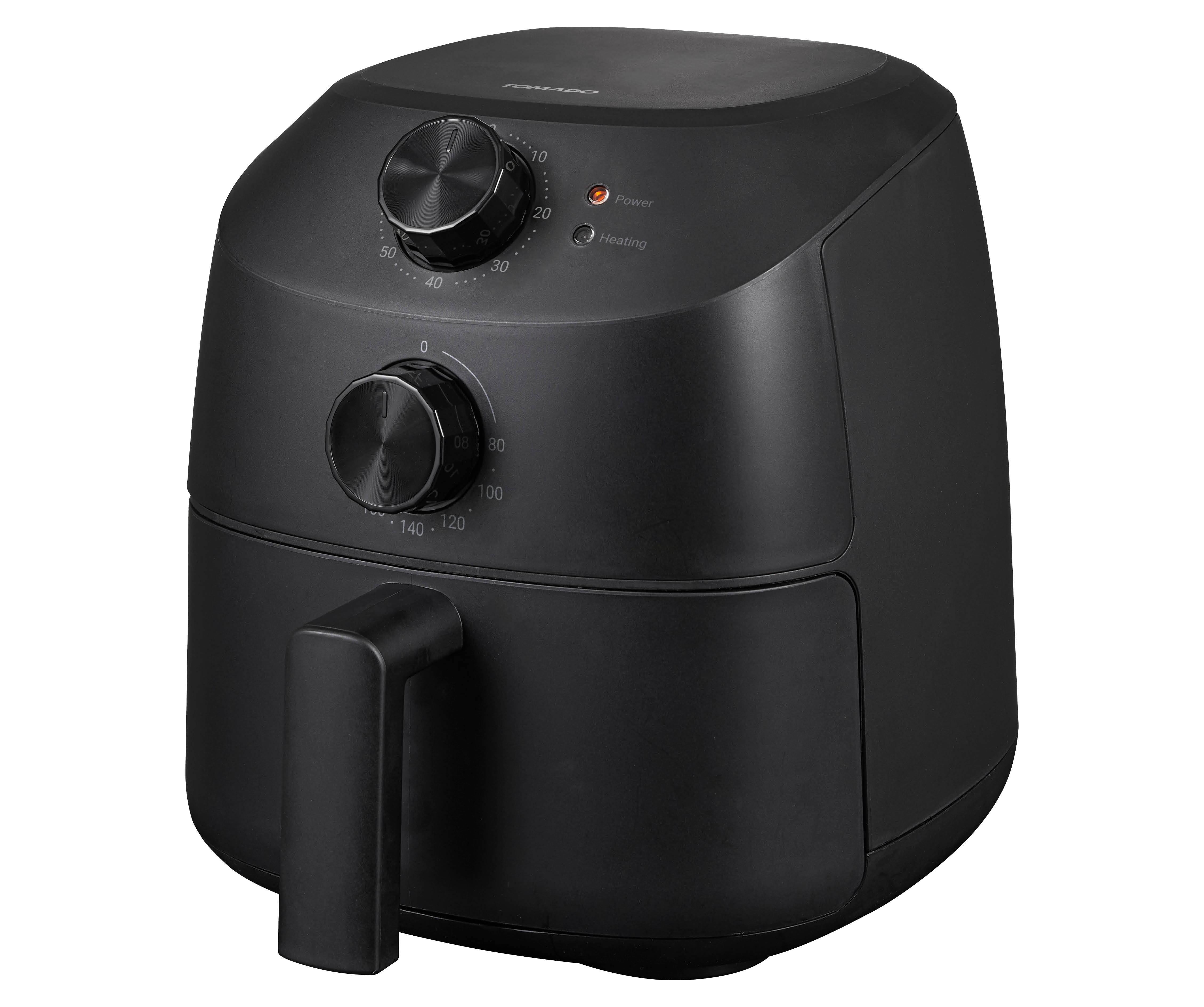 Zwarte airfryer met twee draaiknoppen. Er zit een handvat aan de linkerkant.