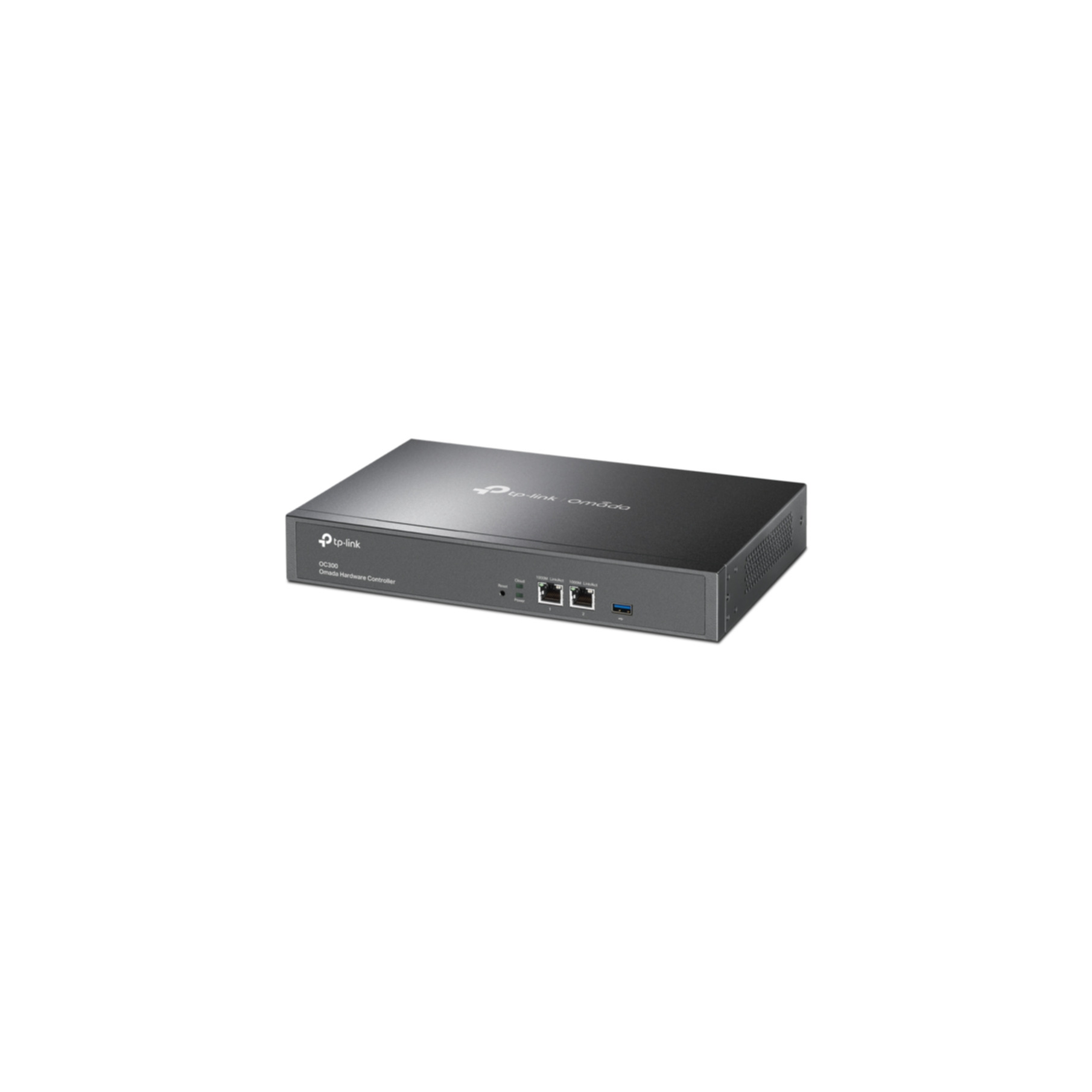 Zwarte TP-Link Omada hardware controller. Het is een rechthoekig apparaat op een wit oppervlak.