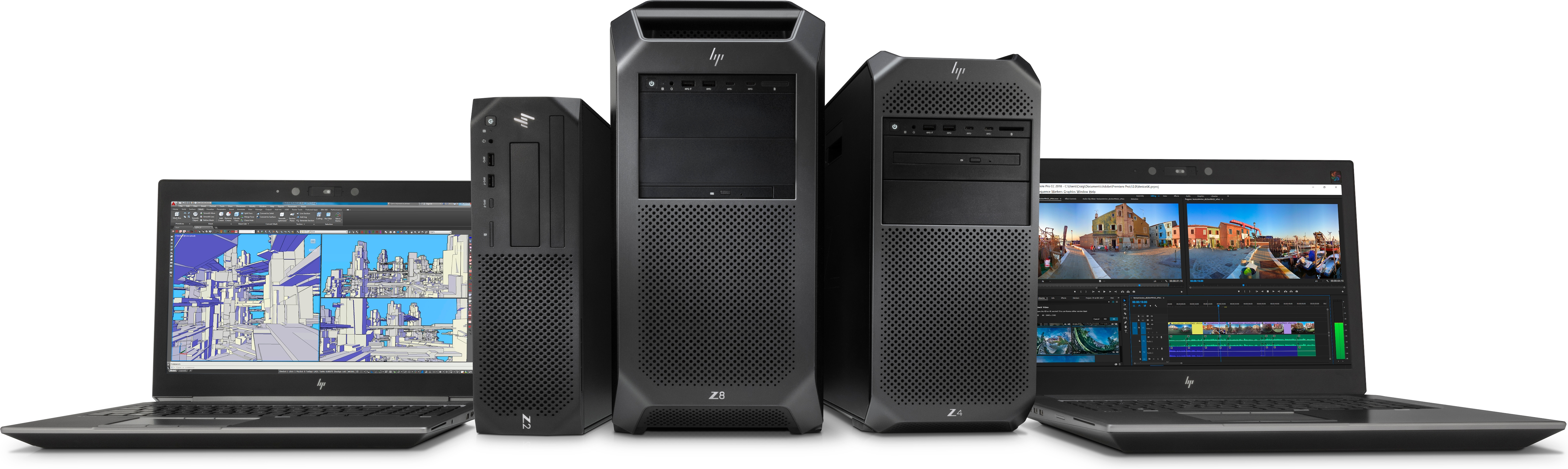 Gruppe schwarzer Desktop-Computer und Laptops, angeordnet auf einer weißen Oberfläche. Verschiedene Größen.