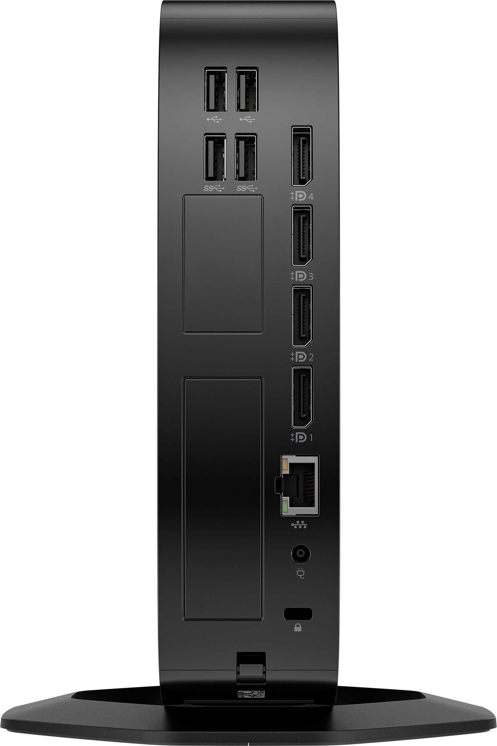 Torre del computer nera con varie porte e supporto su sfondo bianco.