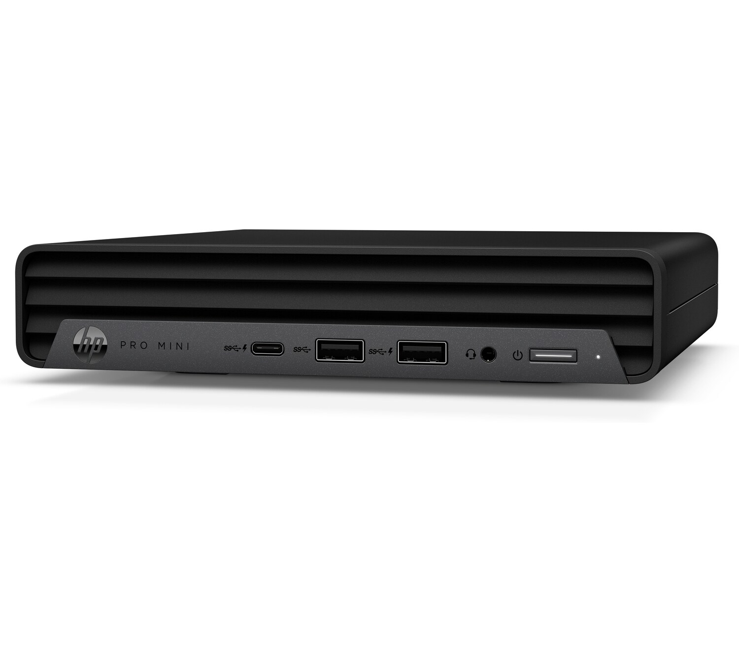 Schwarzer Mini-PC mit Anschlüssen und einem Power-Knopf. Die Vorderseite hat USB- und andere Anschlüsse.