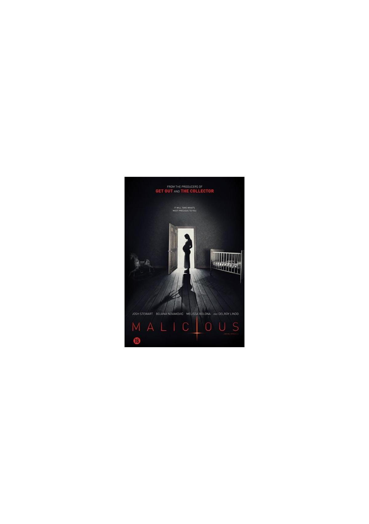 Affiche de film avec une femme enceinte dans une porte. Le titre est Malicious.