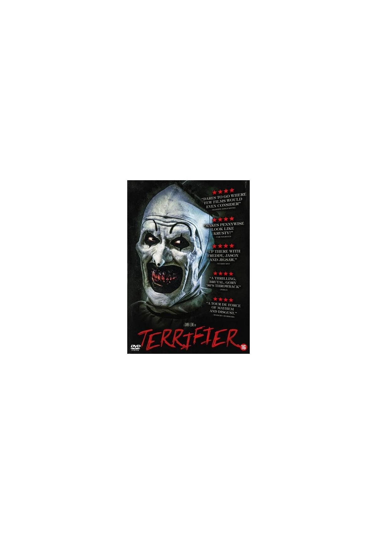 Couverture DVD Terrifier : Un clown effrayant avec un sourire sinistre est sur la couverture.