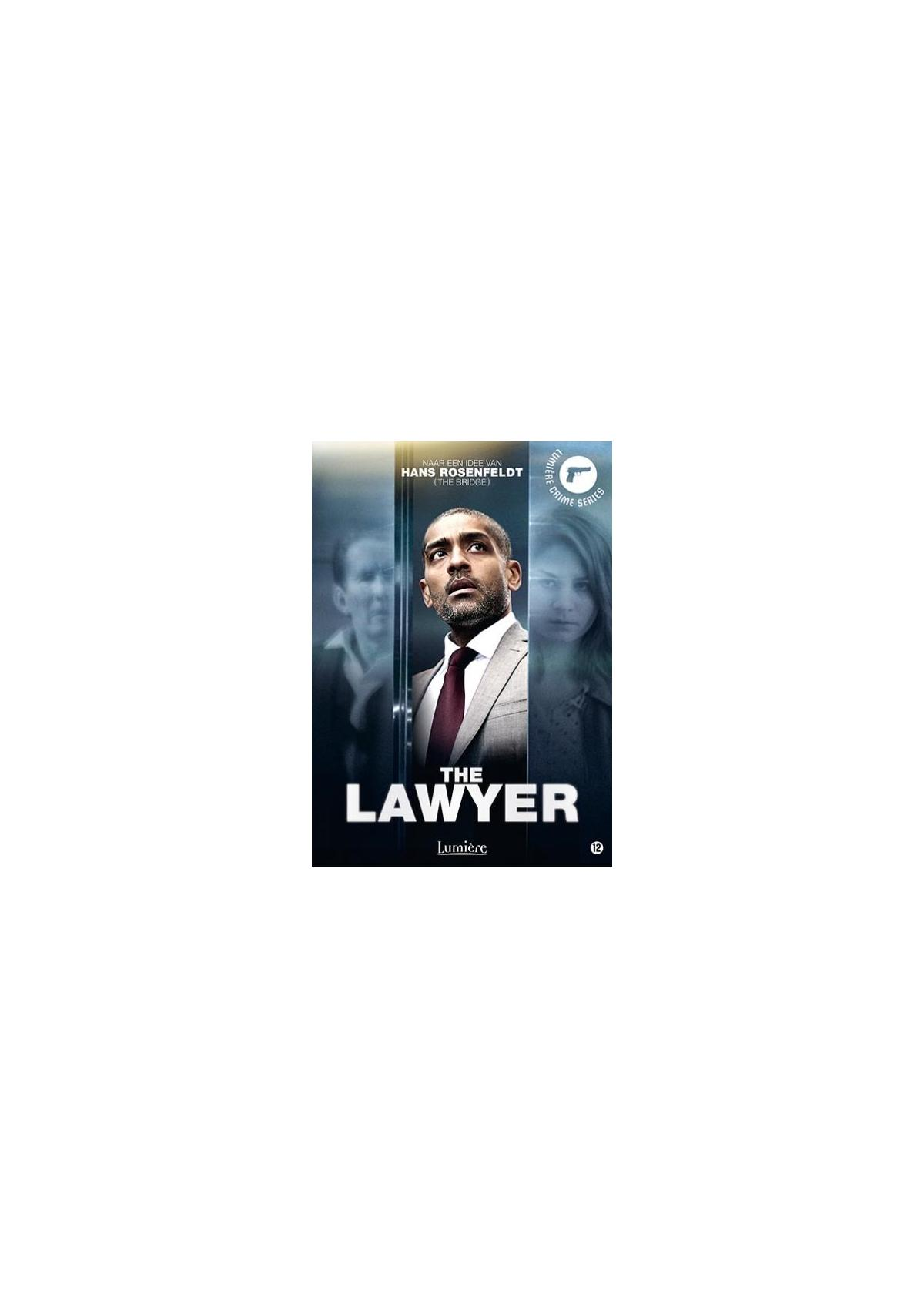 Affiche du film The Lawyer. Un homme en costume lève les yeux, avec d'autres flous en arrière-plan.