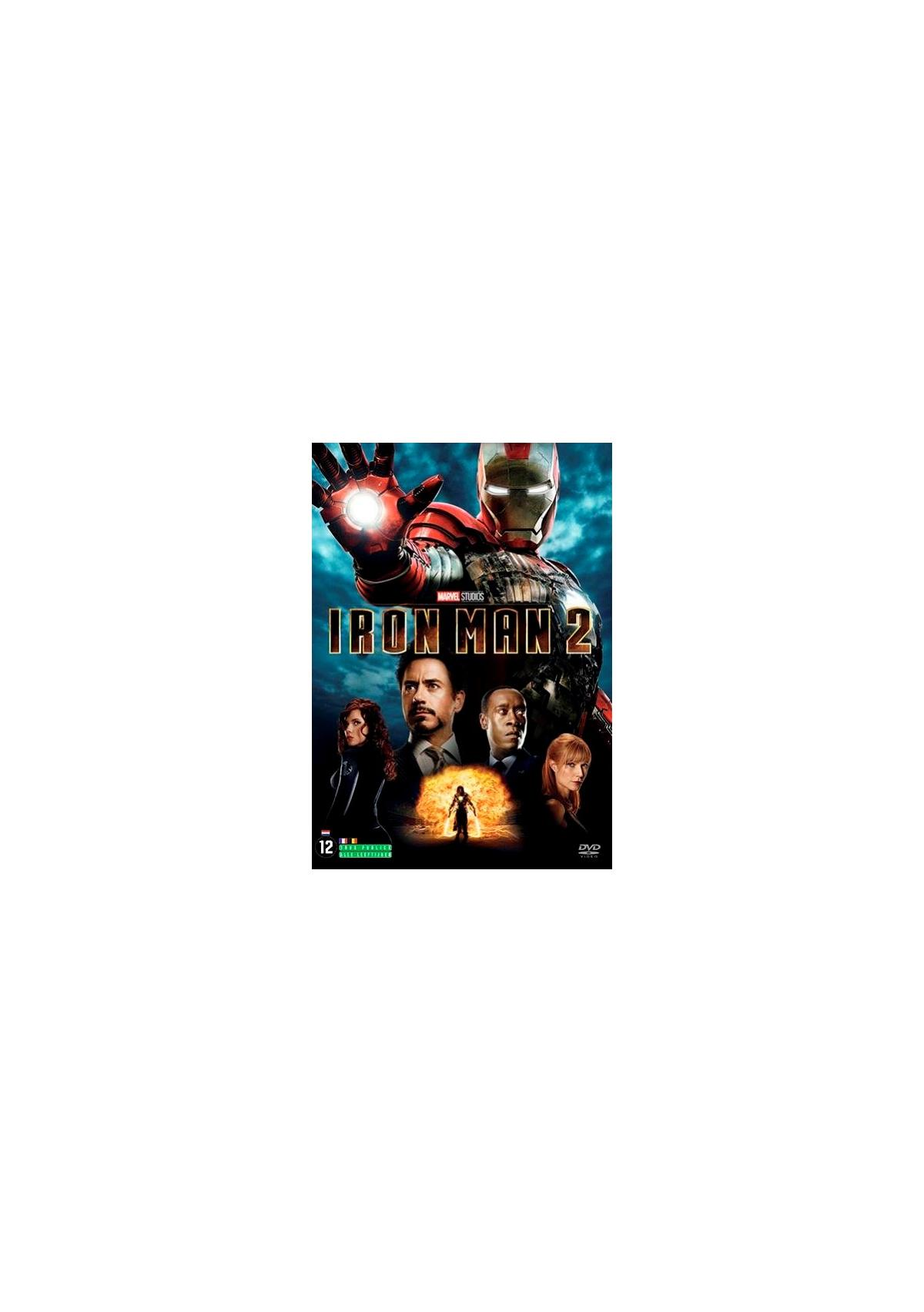 Iron Man 2 DVD-hoes: Iron Man in het midden, Black Widow en andere personages op de cover.