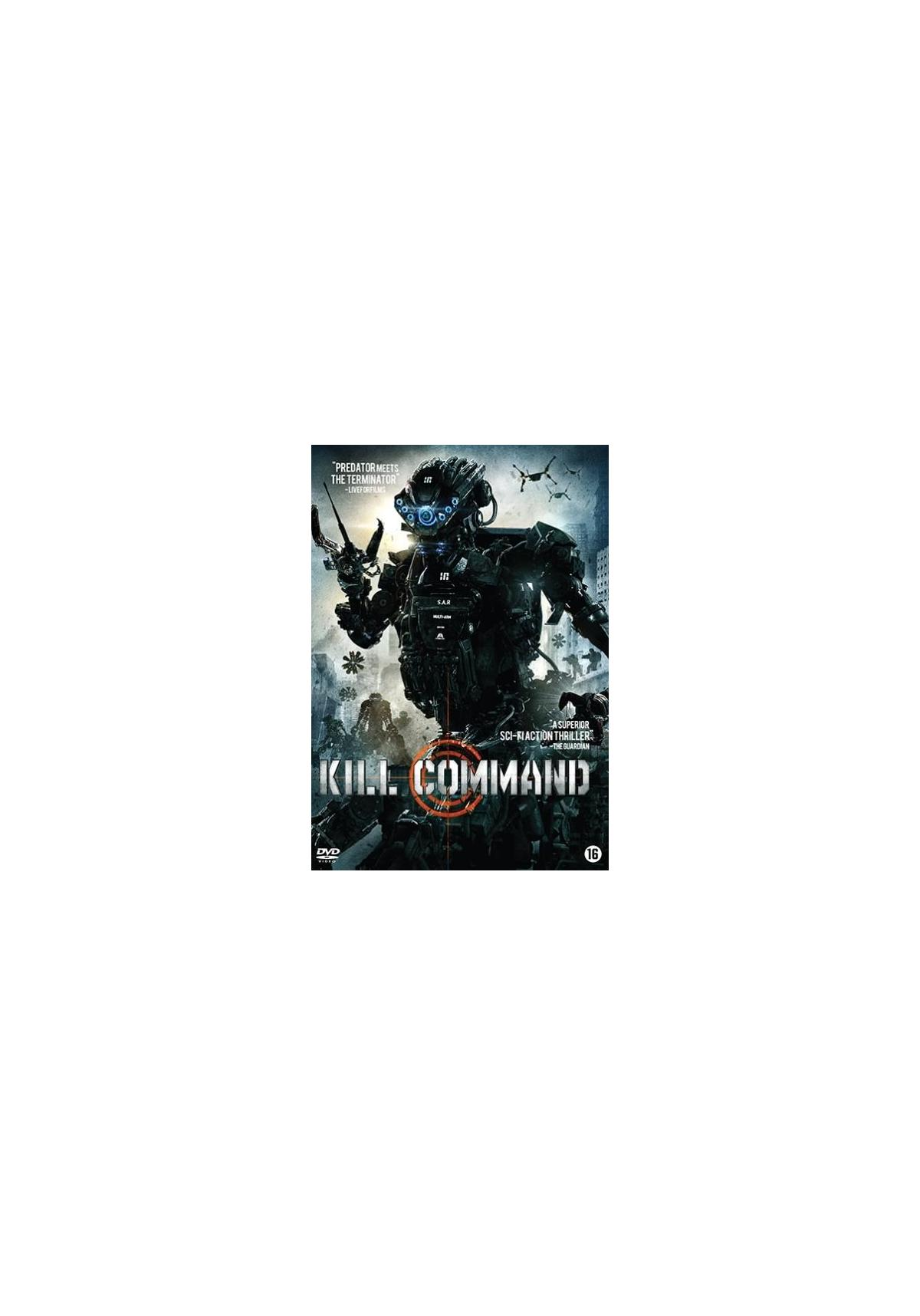 DVD-hoes voor 'Kill Command' met een robotsoldaat, met een futuristische stadsachtergrond.