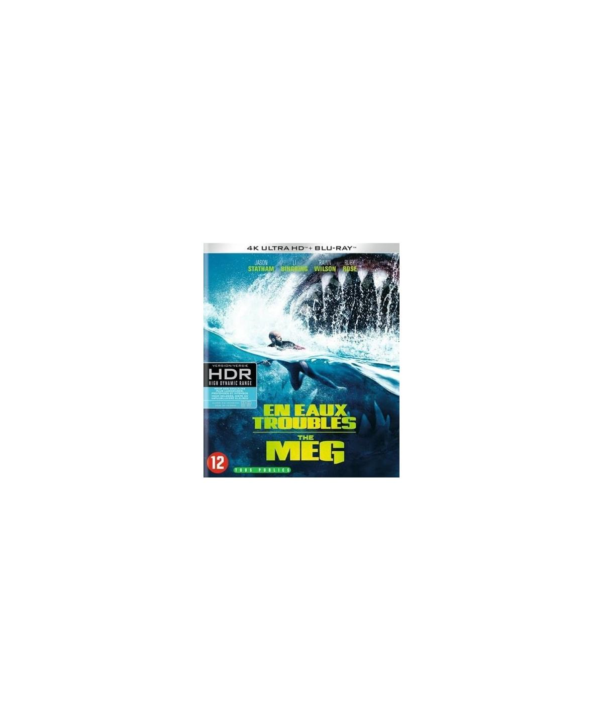 Affiche de film : Requin attaquant, texte 'THE MEG', 4K Ultra HD, classé 12+.