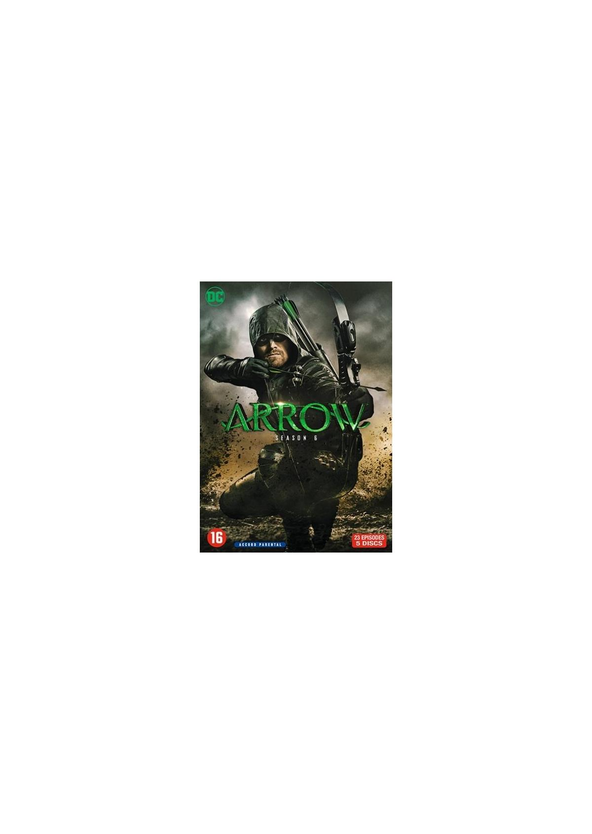 Filmhoes met Arrow-personage, titel 'Arrow' en een donkergroene achtergrond.