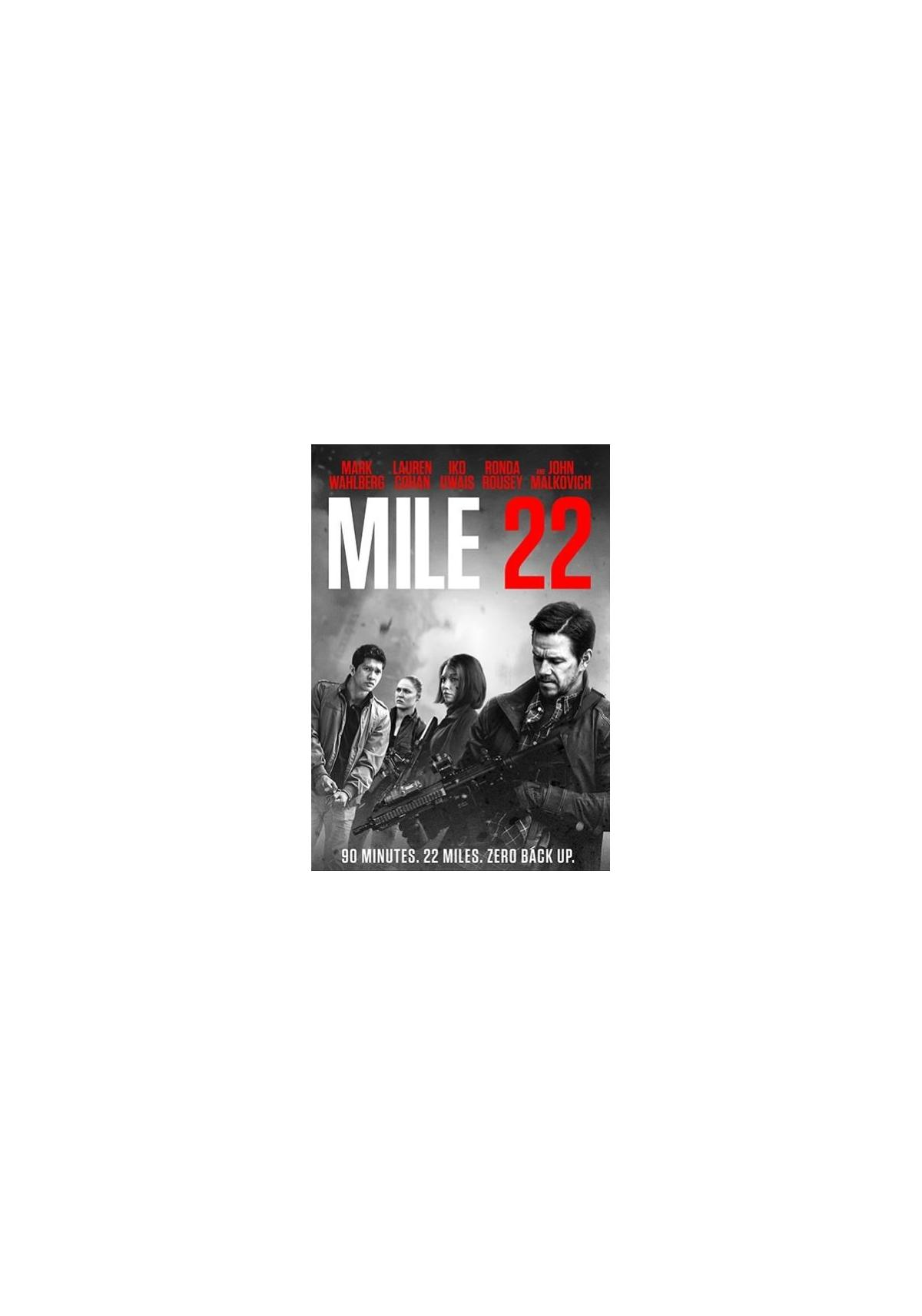 Affiche de film : Mile 22, Mark Wahlberg et d'autres, tons sombres.