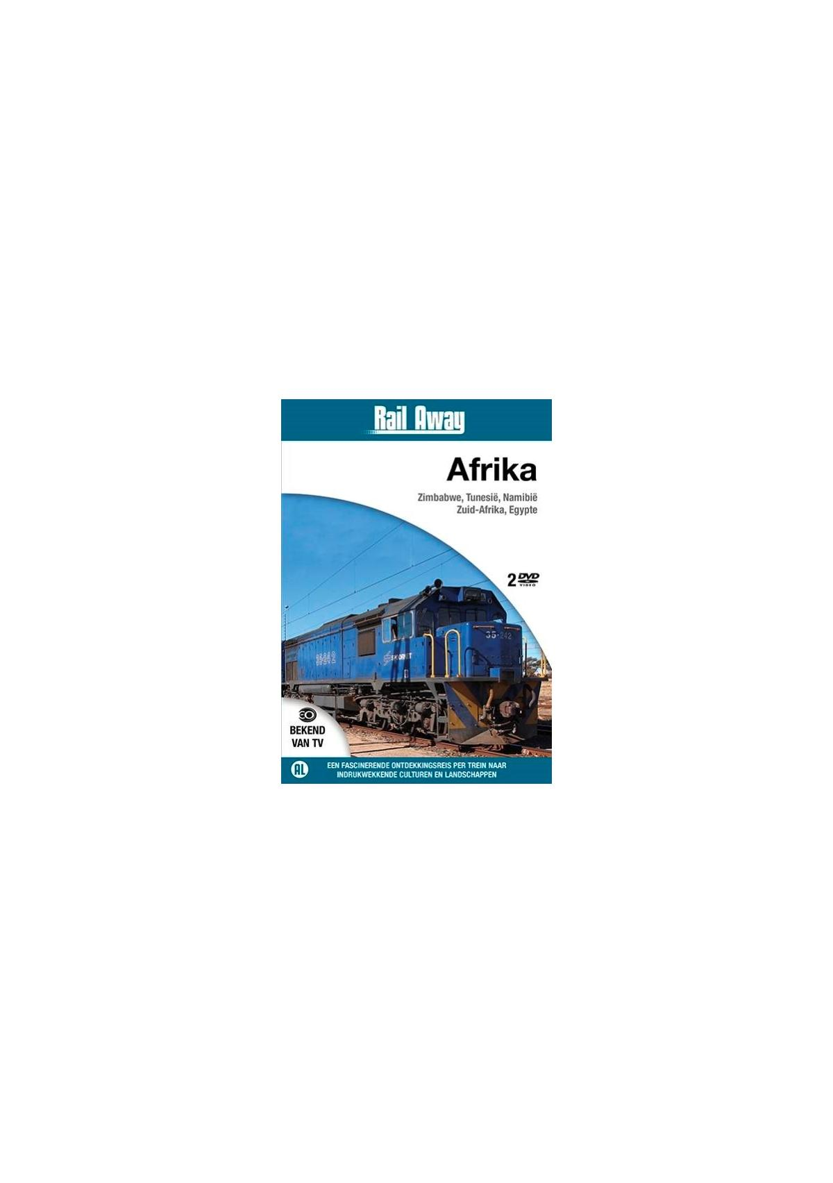 Couverture de DVD avec un train bleu en Afrique. Titre : Rail Away, Afrique. Inclut les drapeaux et le texte.