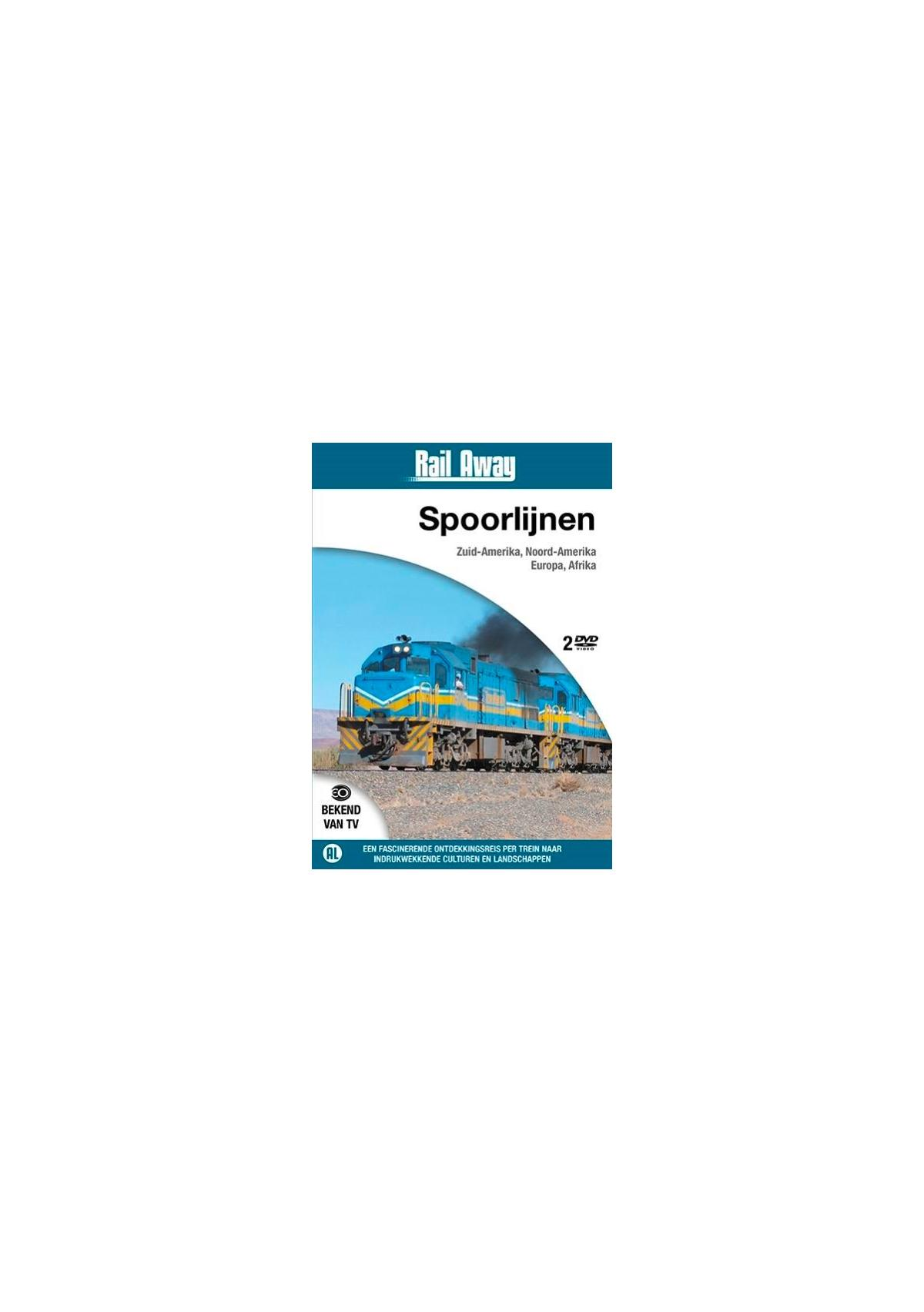 Pochette de DVD : Train bleu et jaune sur une voie, titre 'Spoorlijnen', avec un fond de ciel bleu.