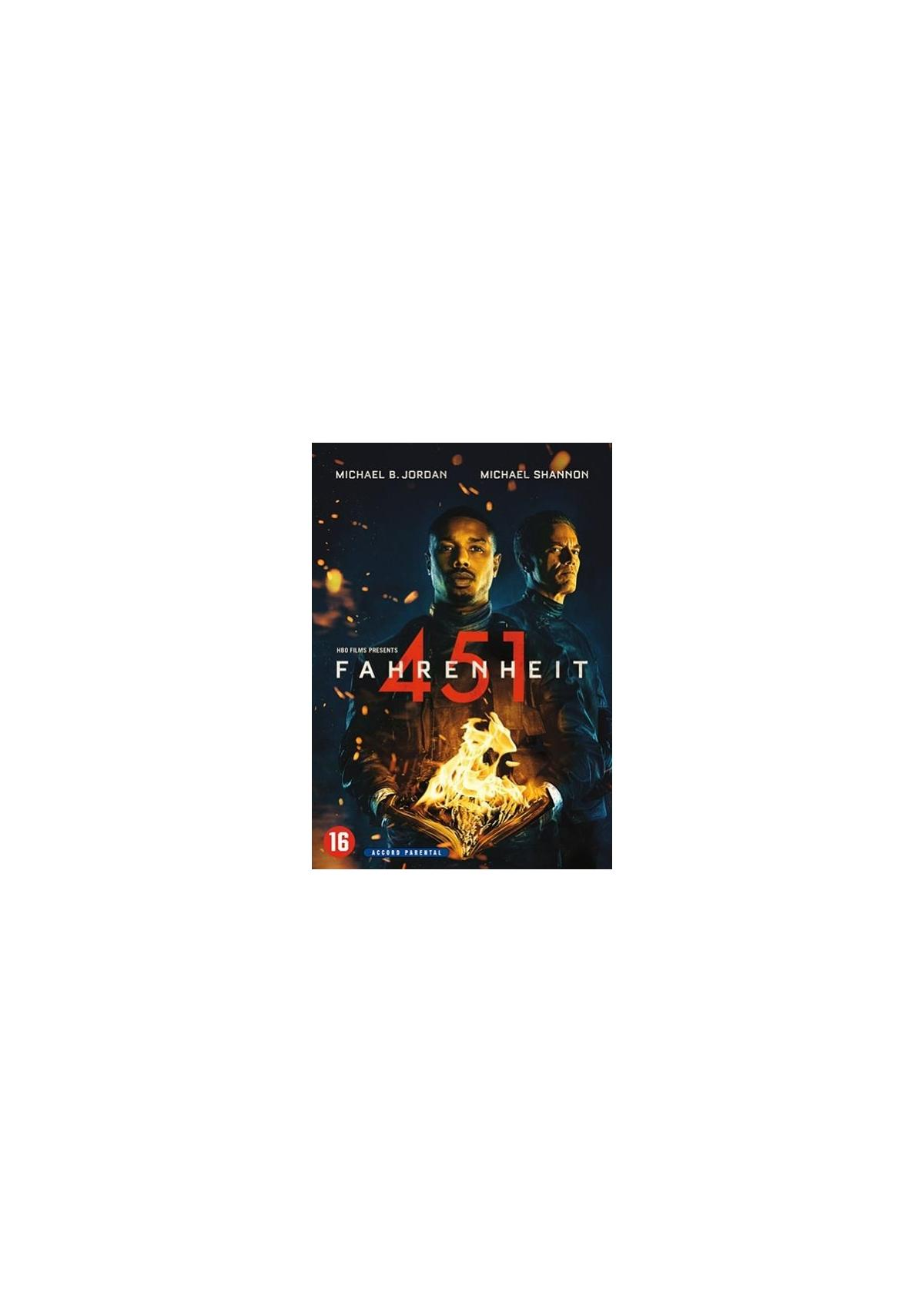 Affiche de film avec Michael B. Jordan et Michael Shannon. Le titre, '451 Fahrenheit', est au-dessus d'un livre en feu.