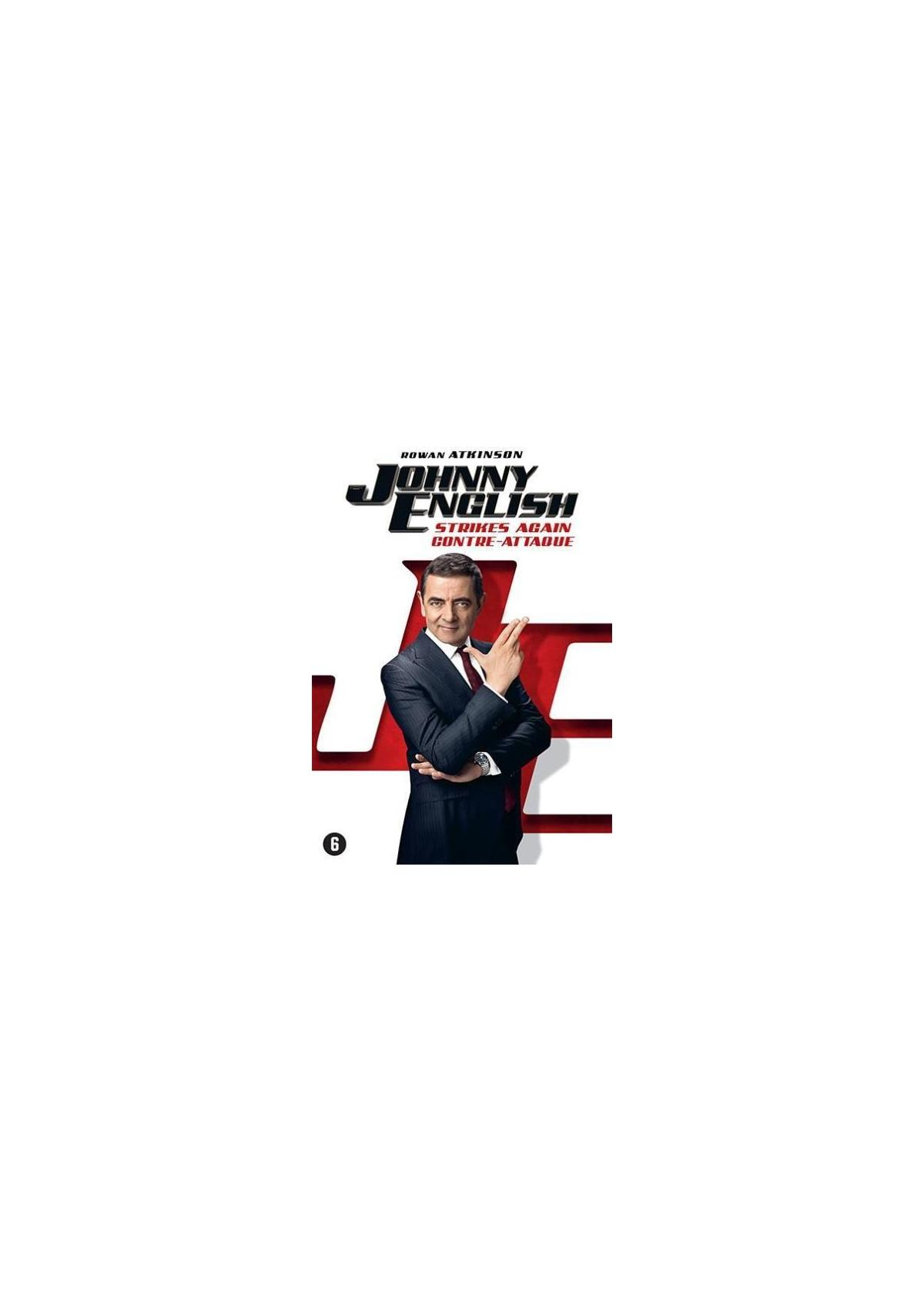 Une affiche de film avec Rowan Atkinson en Johnny English, debout en costume avec une cravate rouge.