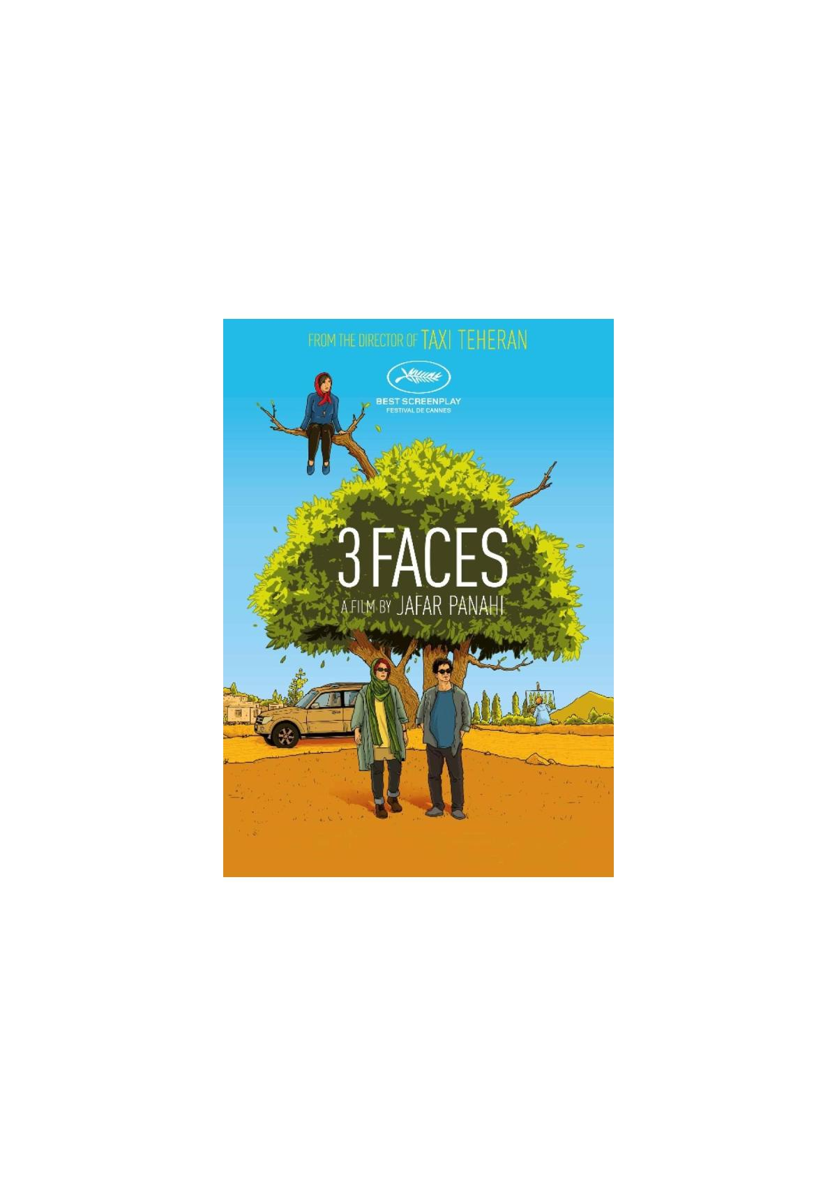 DVD-hoes voor '3 Faces'. Drie mensen in een boom. Auto op de achtergrond.