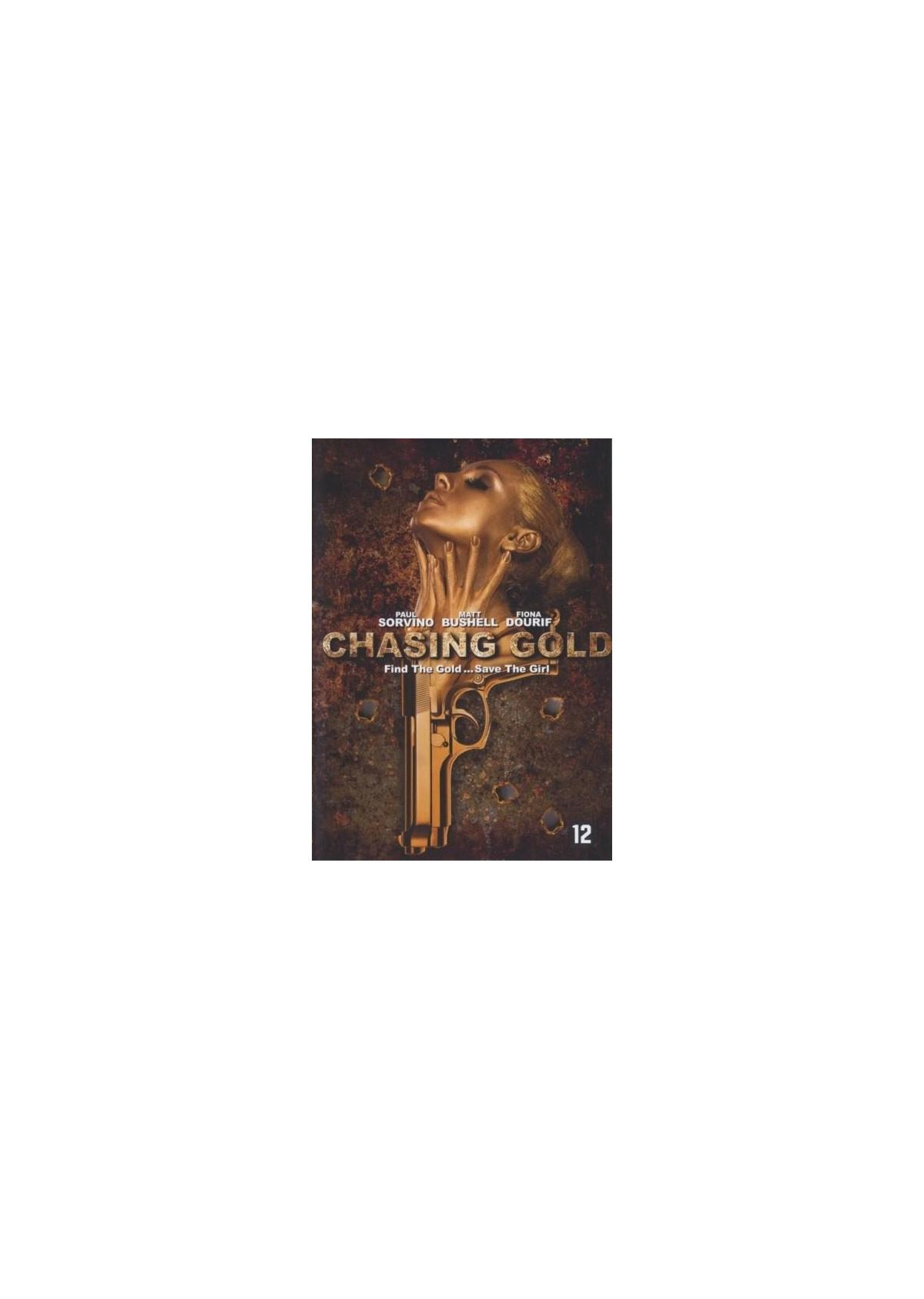 Couverture DVD Chasing Gold. La tête d'une femme avec un pistolet doré pointé dessus.