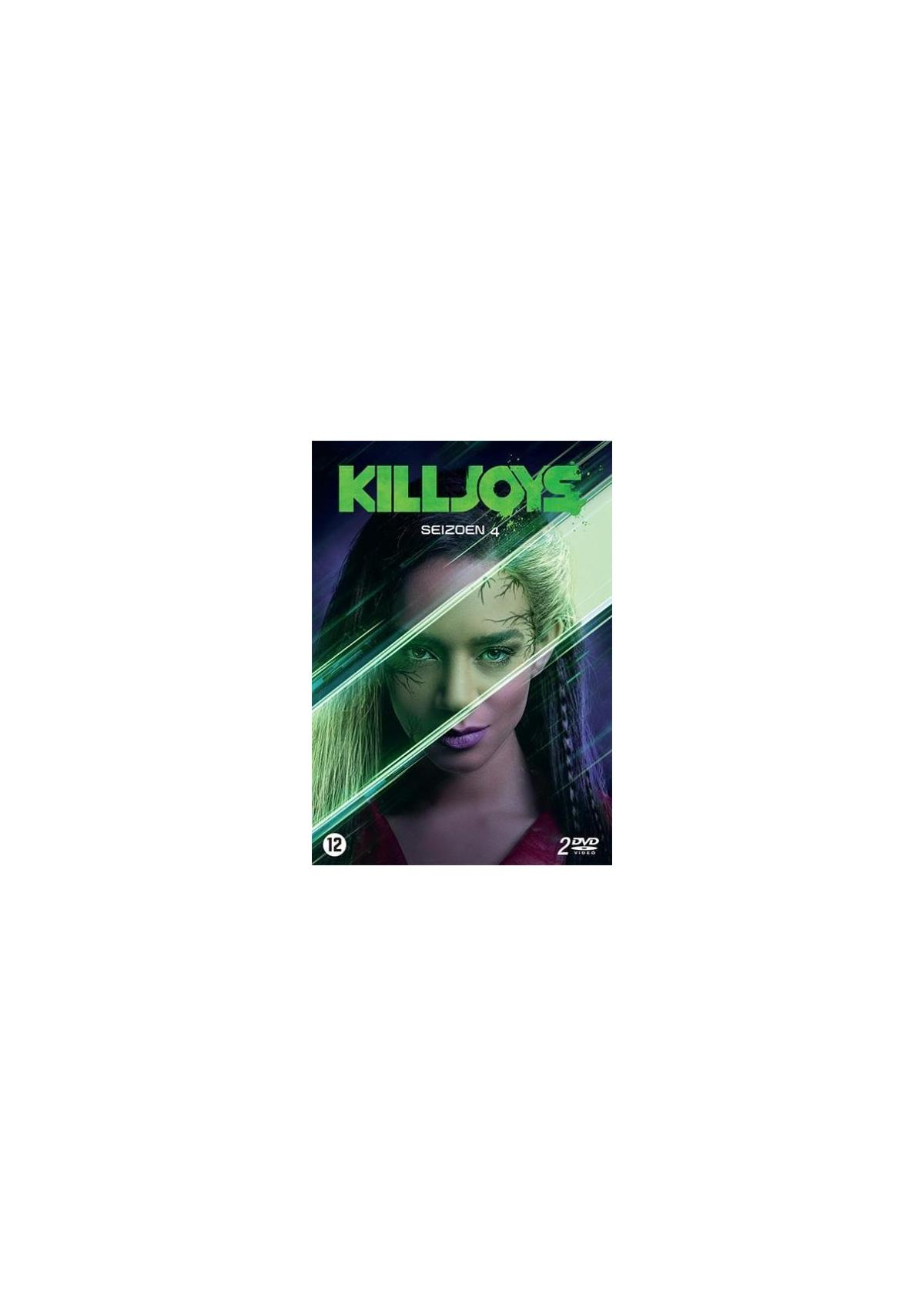 Filmposter met het gezicht van een vrouw, titel 'Killjoys', groen-paars kleurenschema.