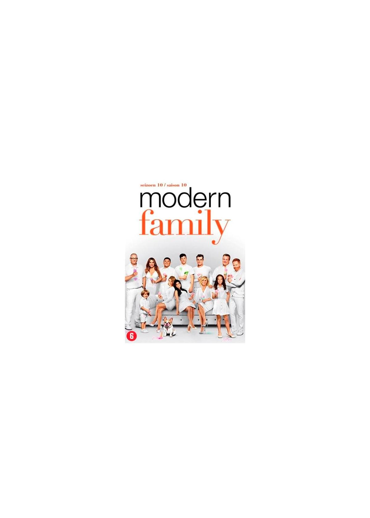 Modern Family seizoen 6 DVD-cover. Een groep mensen staat samen, met tekst erboven.
