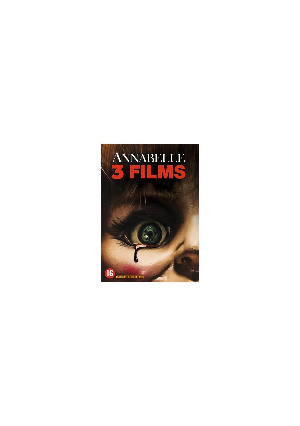 Filmposter met Annabelles oog, met een traan. De titel is 'Annabelle 3 Films' voor het oog.