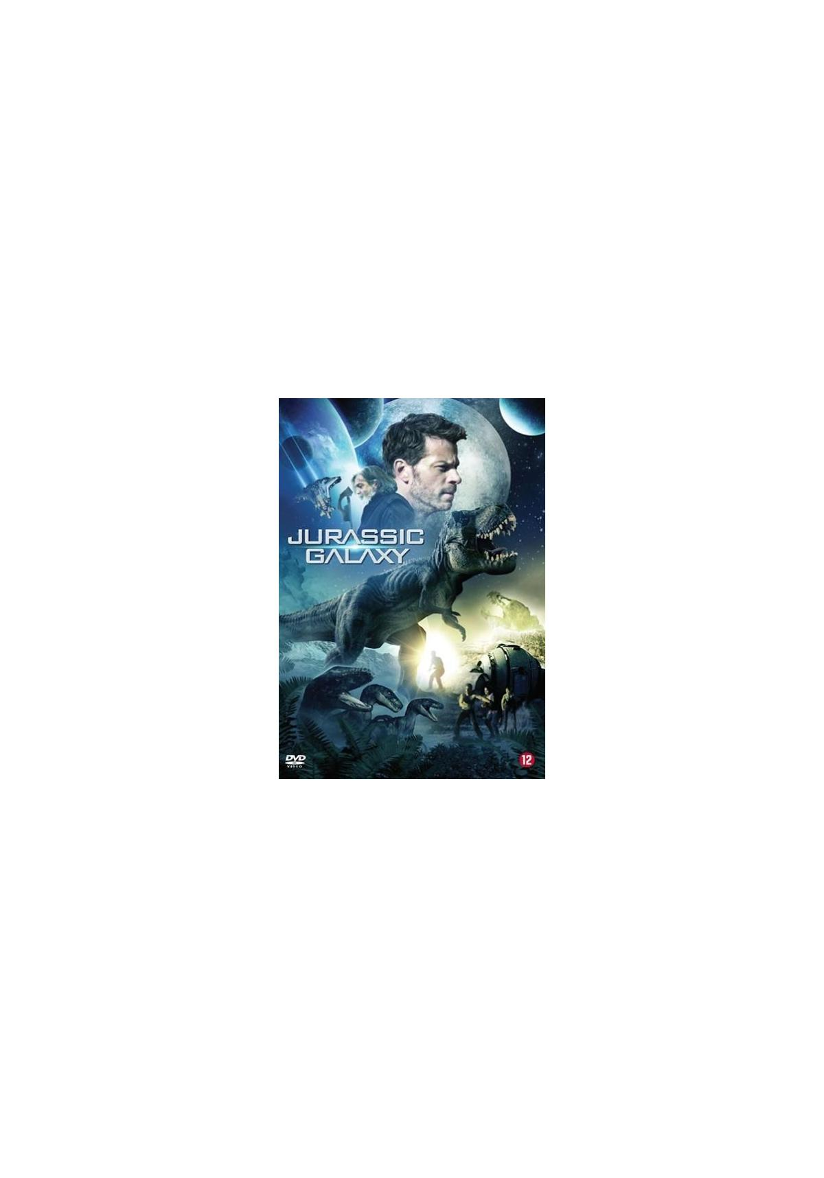 Filmposter: Man en dinosaurus, titel: JURASSIC GALAXY.