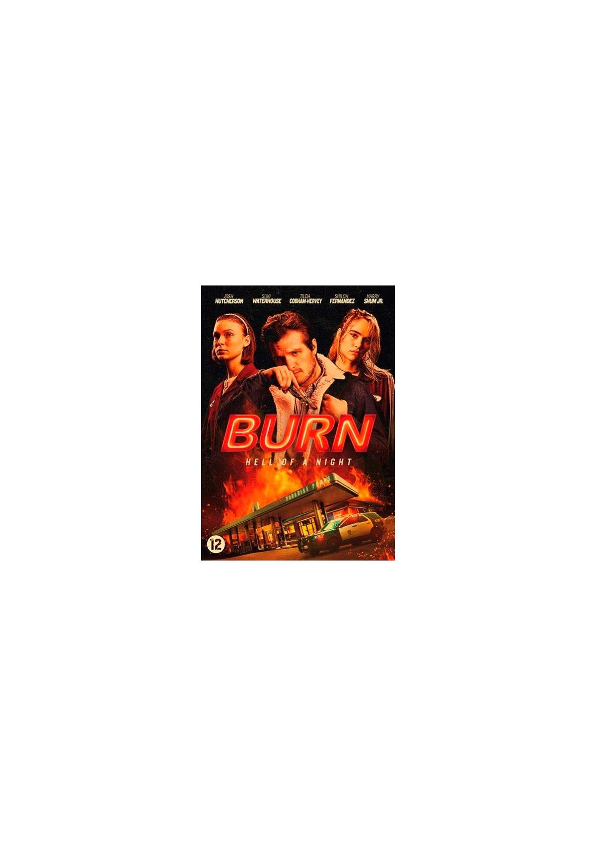 Affiche de film, Burn, trois personnes avec une station-service en arrière-plan. Le titre est en texte rouge.