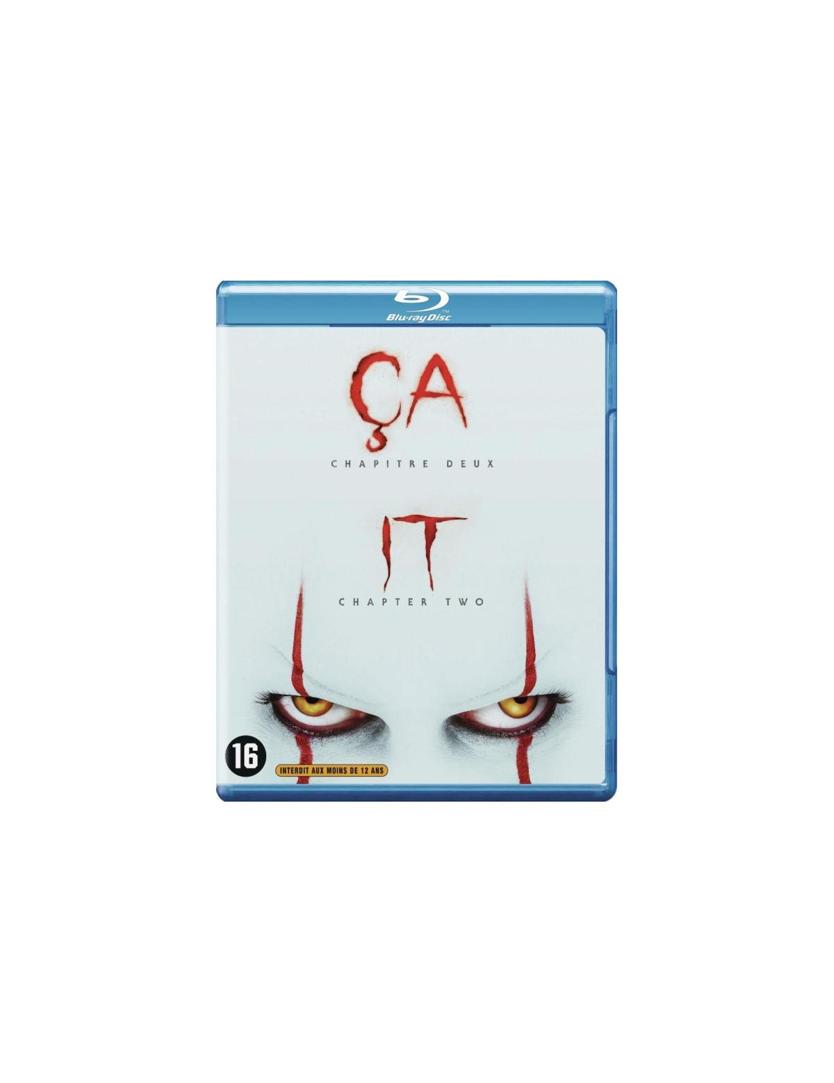 DVD-hoes voor It: Chapter Two. Toont de ogen van Pennywise op de voorkant. Rood en blauw kleurenschema.