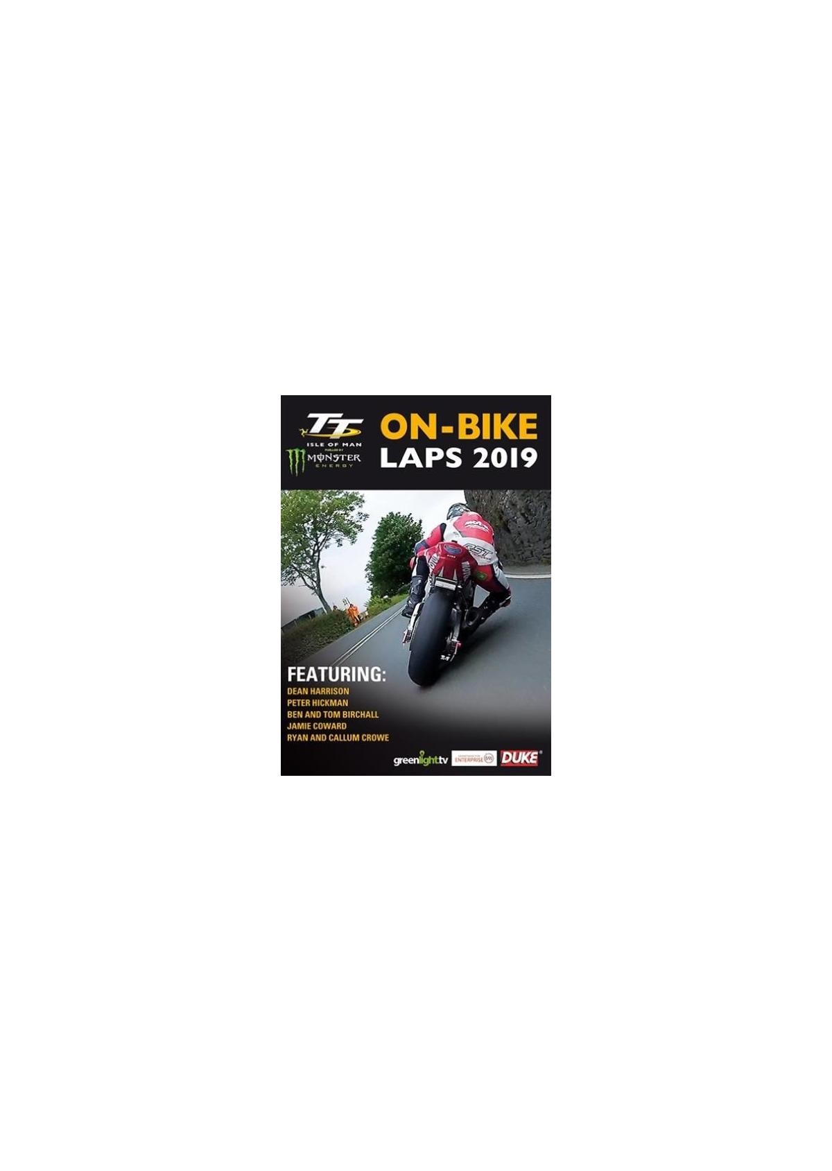 Motorraceposter met een rode motor, titel 'On-Bike Laps 2019' en een groen landschap.