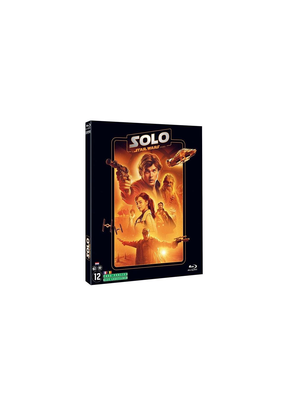 Filmposter met verschillende personages en de titel "Solo: A Star Wars Story".