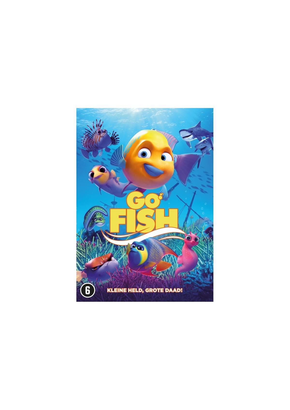 Filmposter voor 'Go Fish'. Gele vis met andere zeedieren, titel op de poster. Heldere kleuren op een blauwe achtergrond.