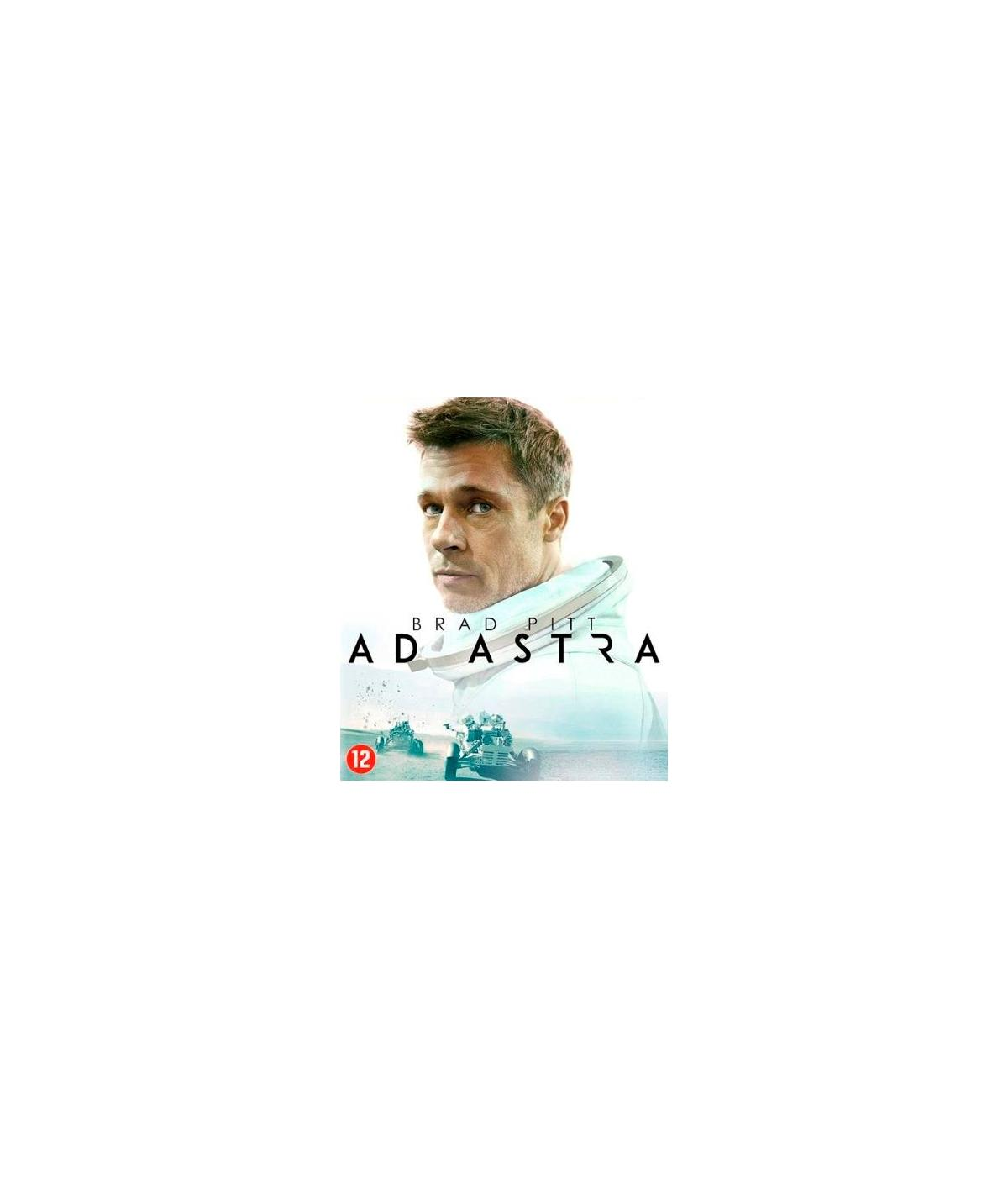 Affiche du film 'Ad Astra' avec le visage de Brad Pitt. Le titre est en dessous de son visage.