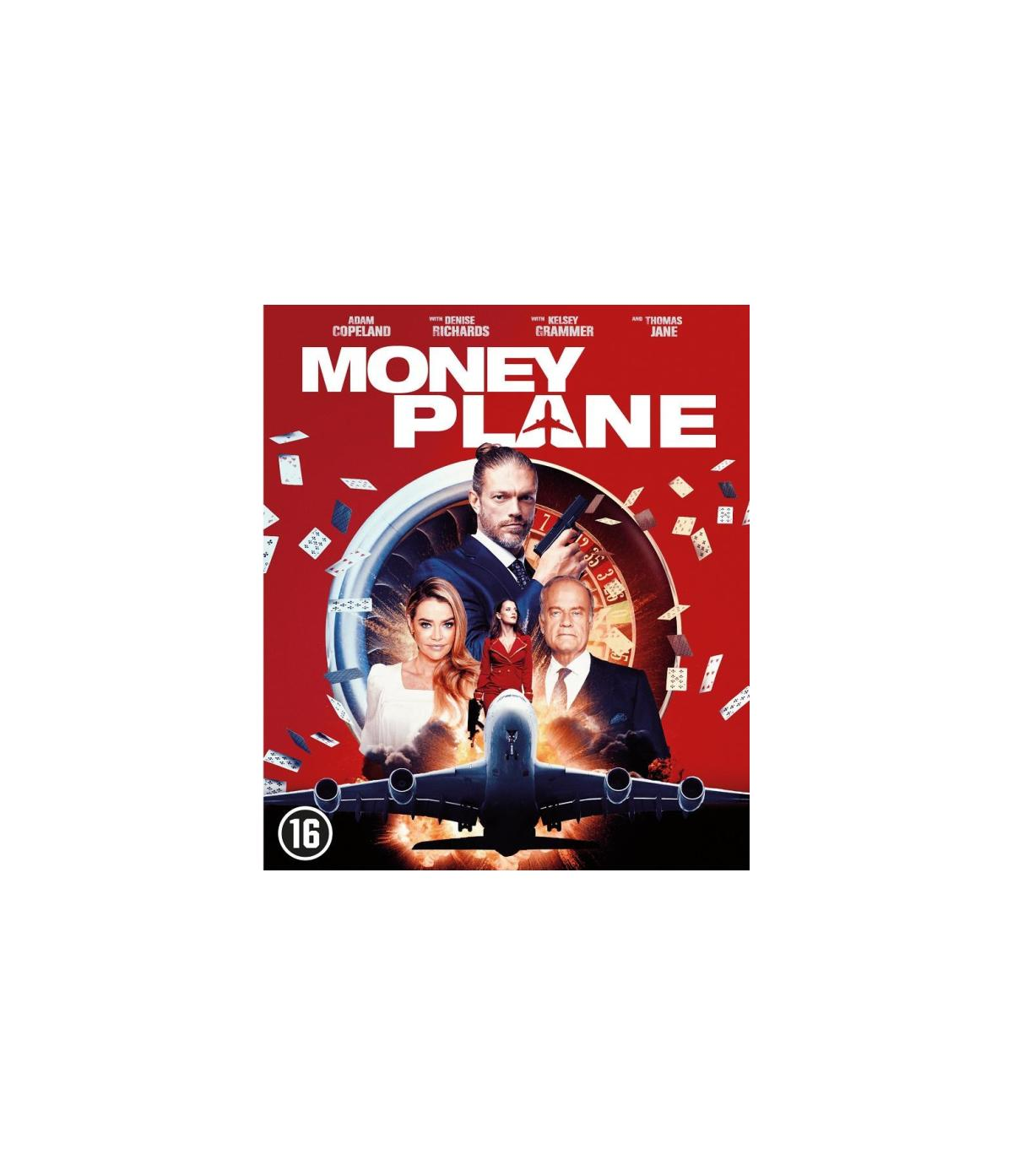 Filmposter voor Money Plane. Mensen en een vliegtuig zijn zichtbaar. Kaarten en een roulettewiel op de achtergrond.