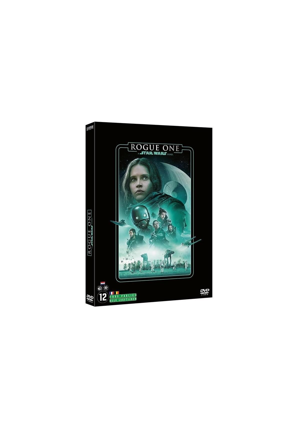 Couverture du DVD Rogue One: A Star Wars Story. Avec une femme, des personnages et un vaisseau spatial.