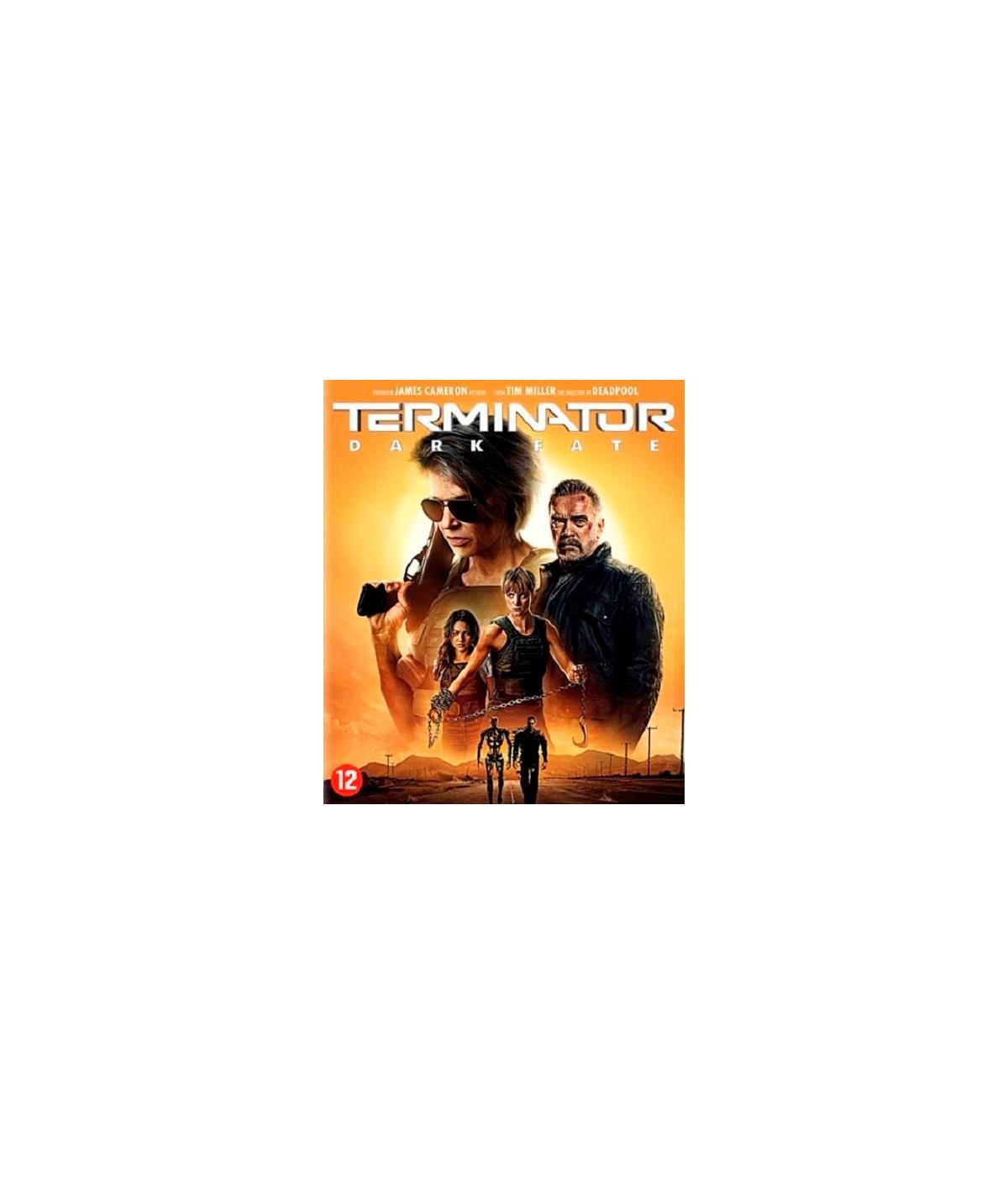 Affiche de film avec une femme et deux hommes et le titre "Terminator: Dark Fate".