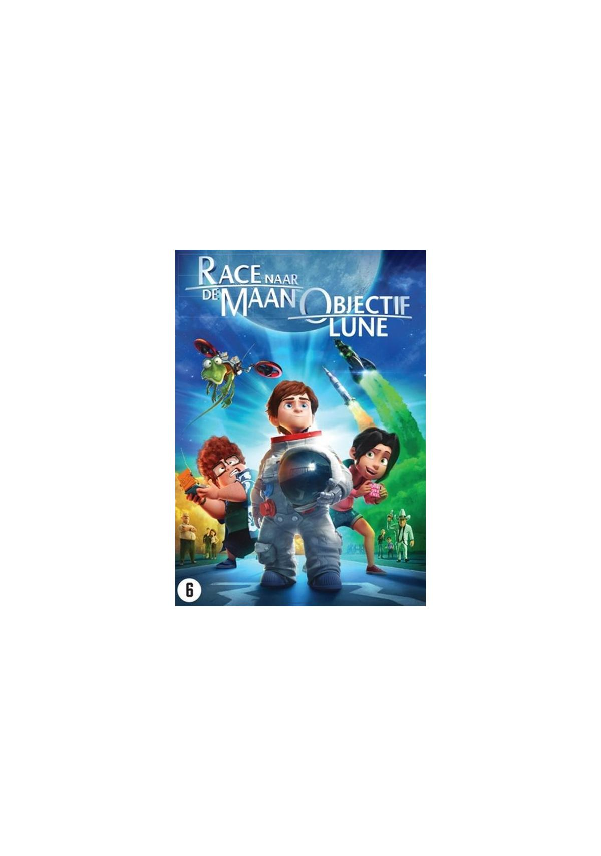 DVD-hoes, animatiefilm. Drie kinderen en raketten op de achtergrond, titel: 'Race to the Moon'.