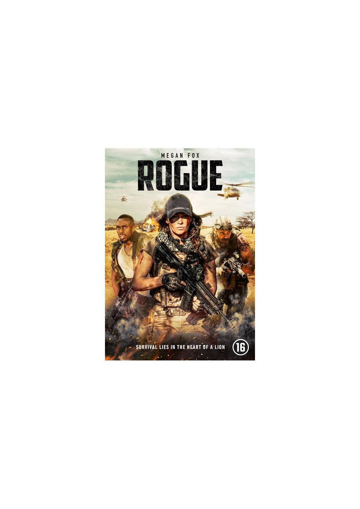 Rogue poster. Megan Fox en twee anderen houden geweren vast. Helikopters vliegen over een woestijnlandschap.